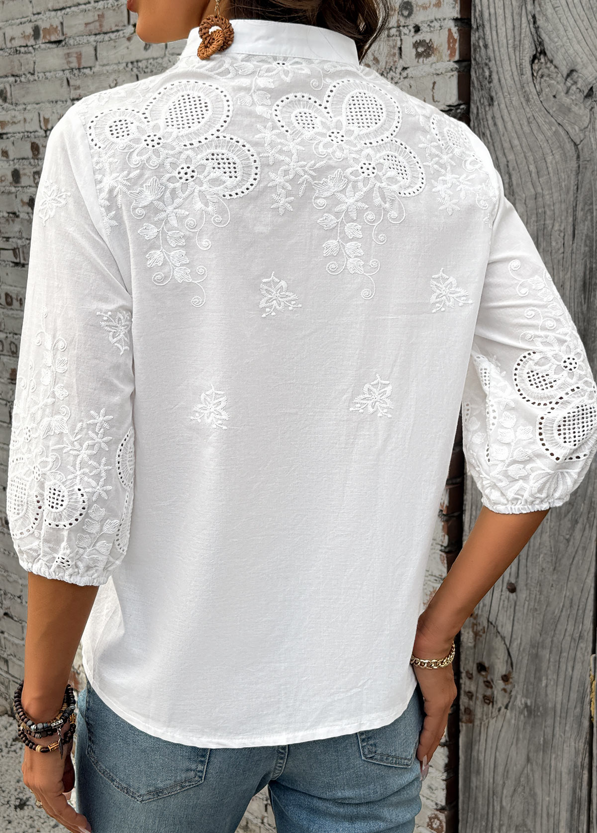 White Tummy Coverage 3/4 Sleeve Split Neck Shirt | picture 