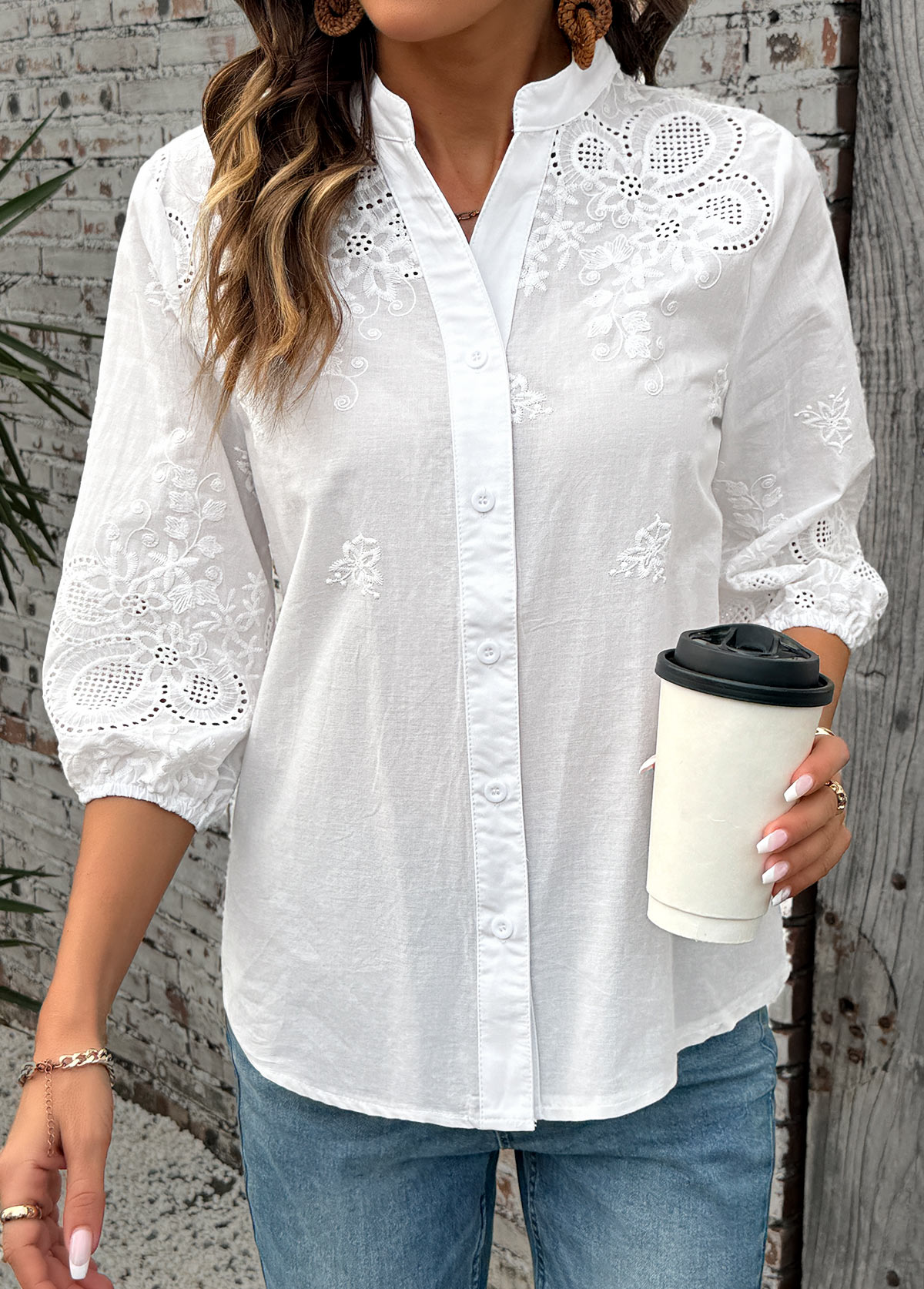 White Tummy Coverage 3/4 Sleeve Split Neck Shirt | picture 