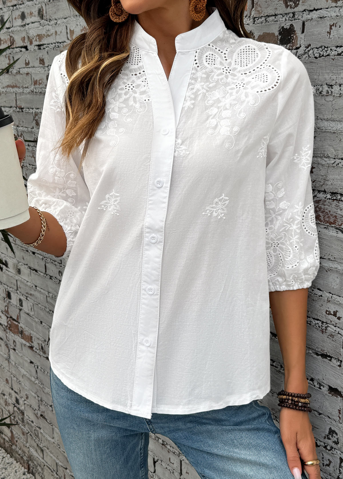 White Tummy Coverage 3/4 Sleeve Split Neck Shirt | picture 