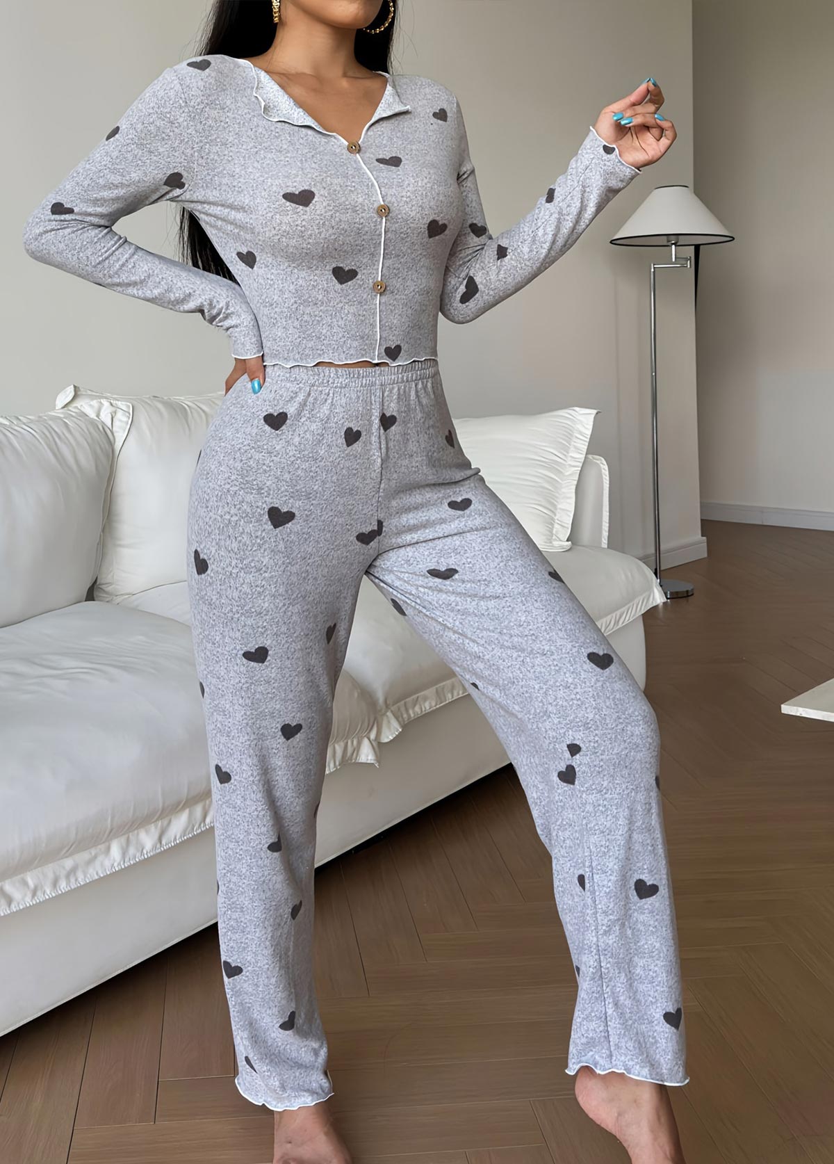Light Grey Heart Print Lounge Top and Pants | picture 