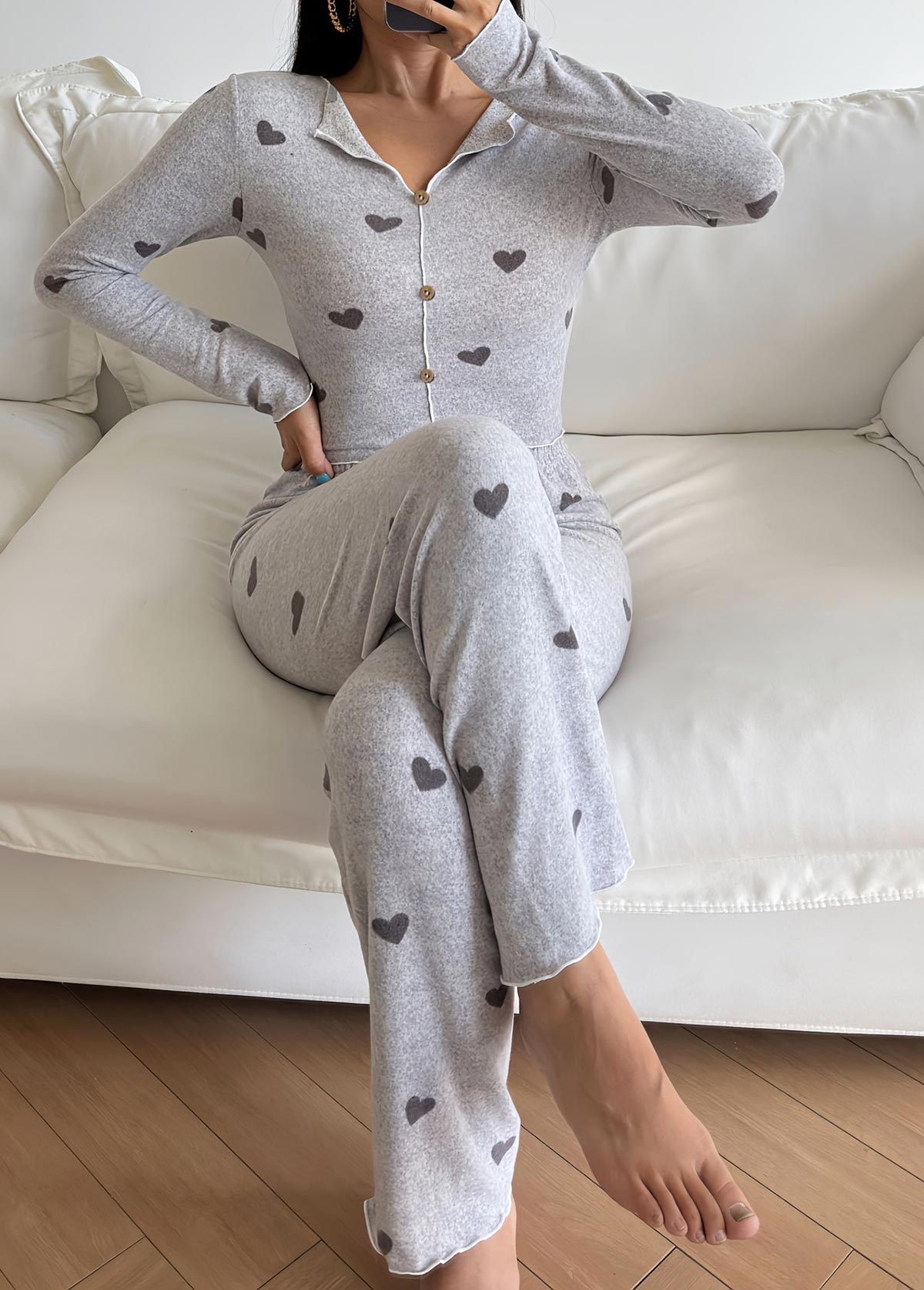 Light Grey Heart Print Lounge Top and Pants | picture 