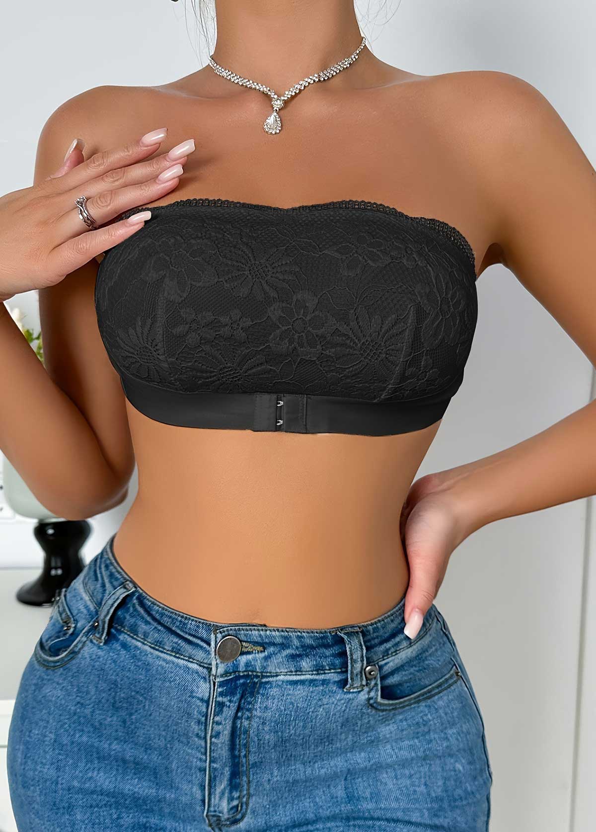 Black Strapless Lace Seamless Bandeau Bra | picture 