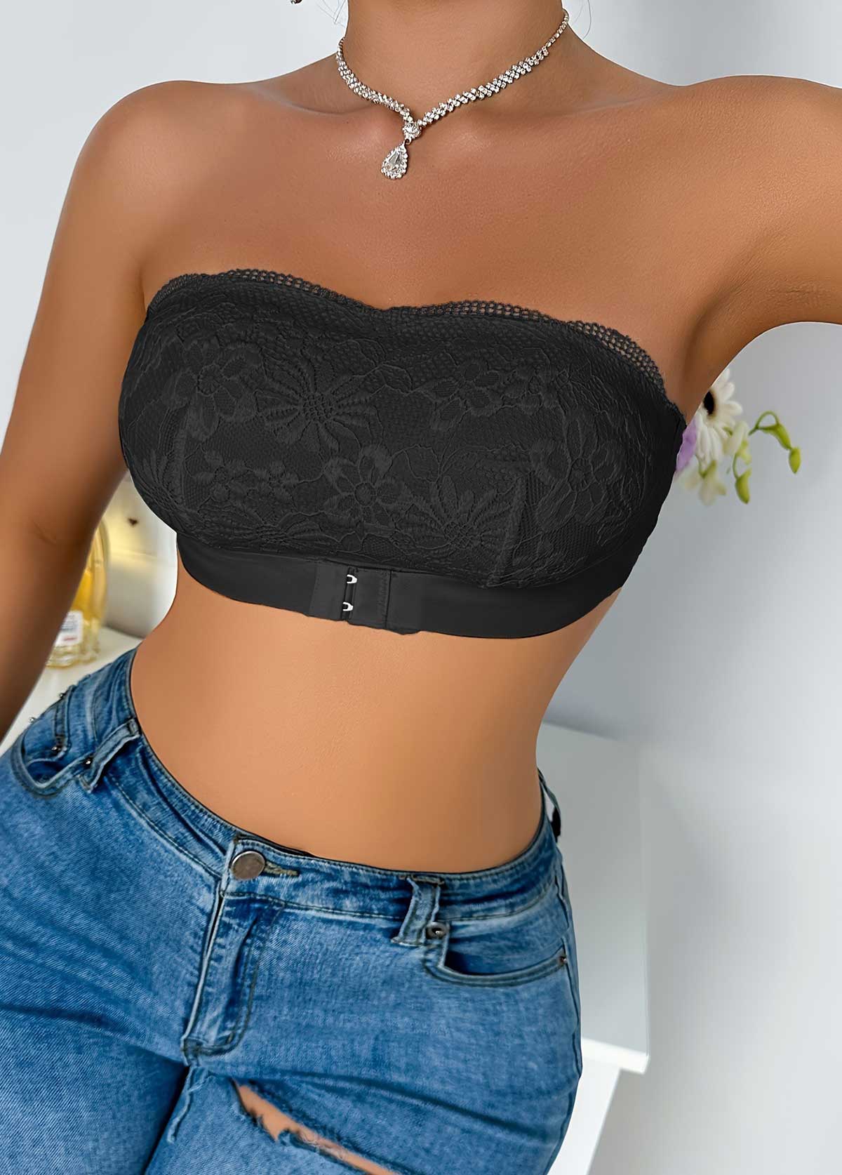 Black Strapless Lace Seamless Bandeau Bra | picture 