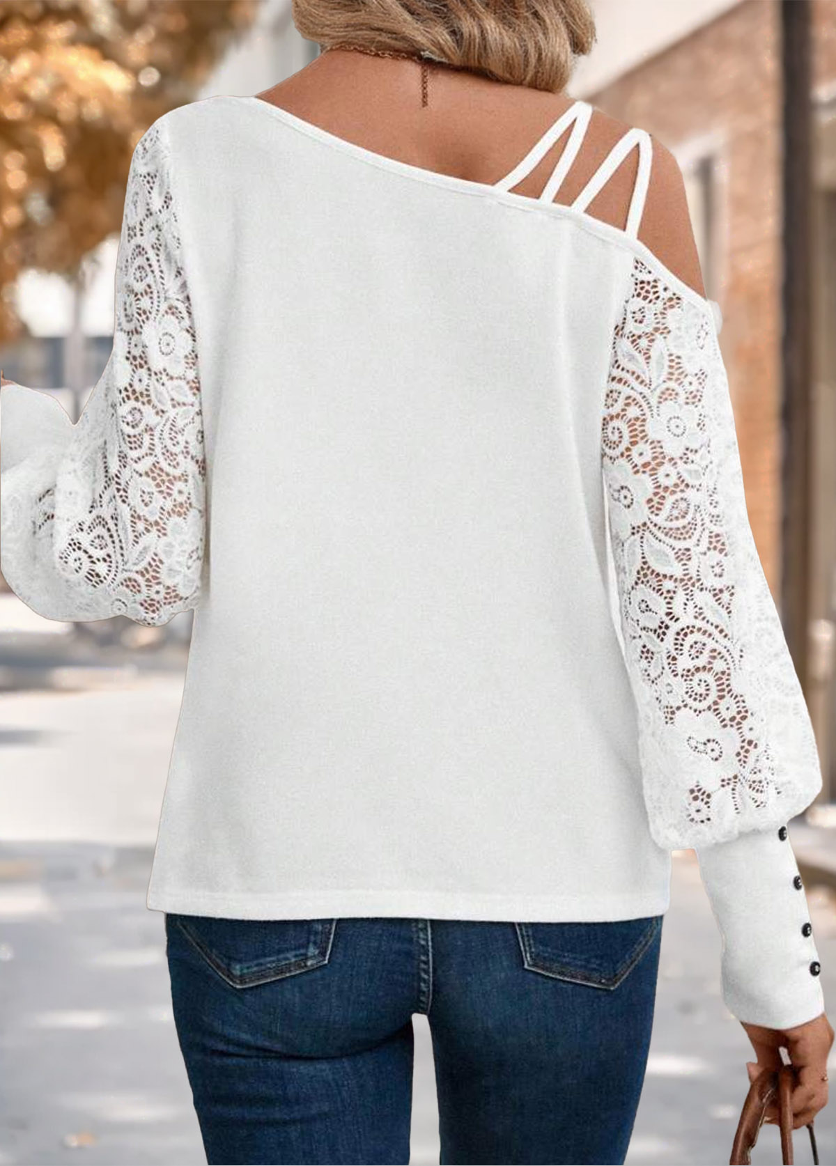 White Tummy Coverage Long Sleeve Asymmetrical Neck T Shirt | picture 