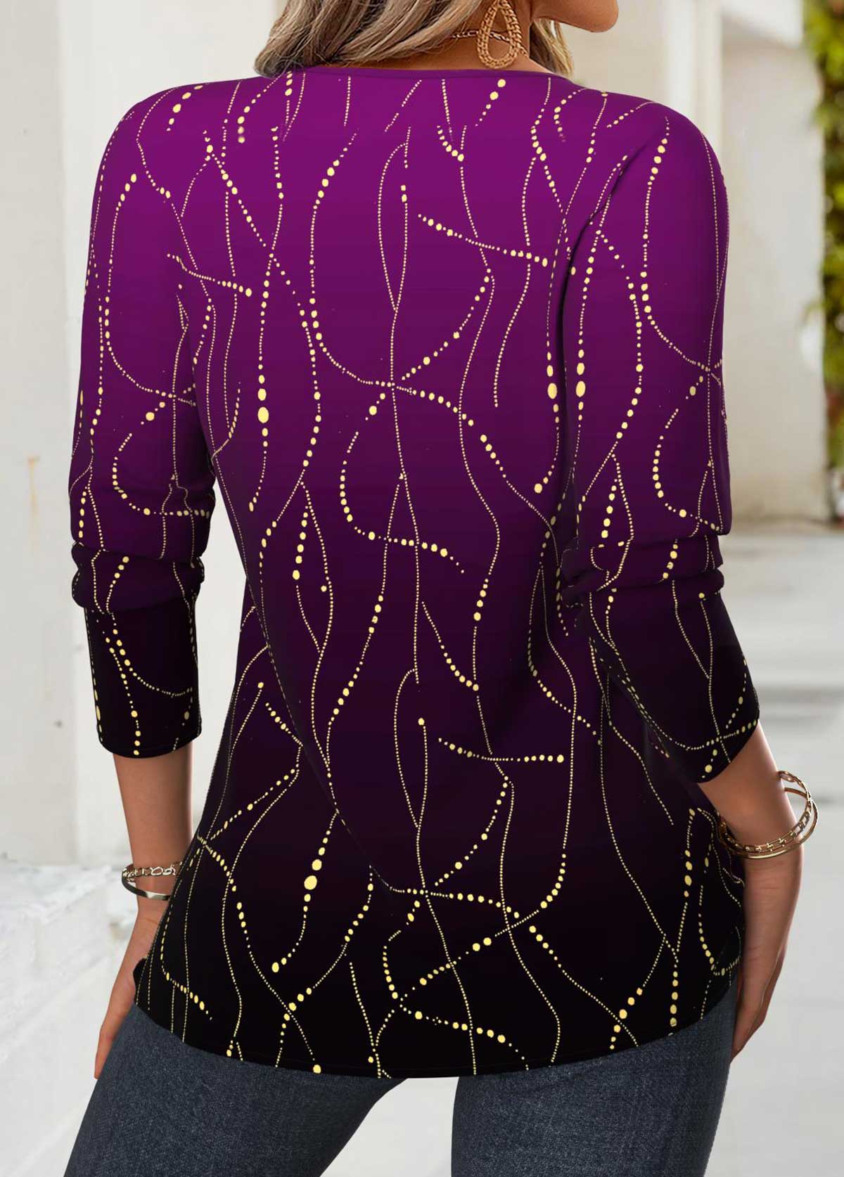 Purple Tummy Coverage Ombre Long Sleeve Split Neck Blouse | picture 