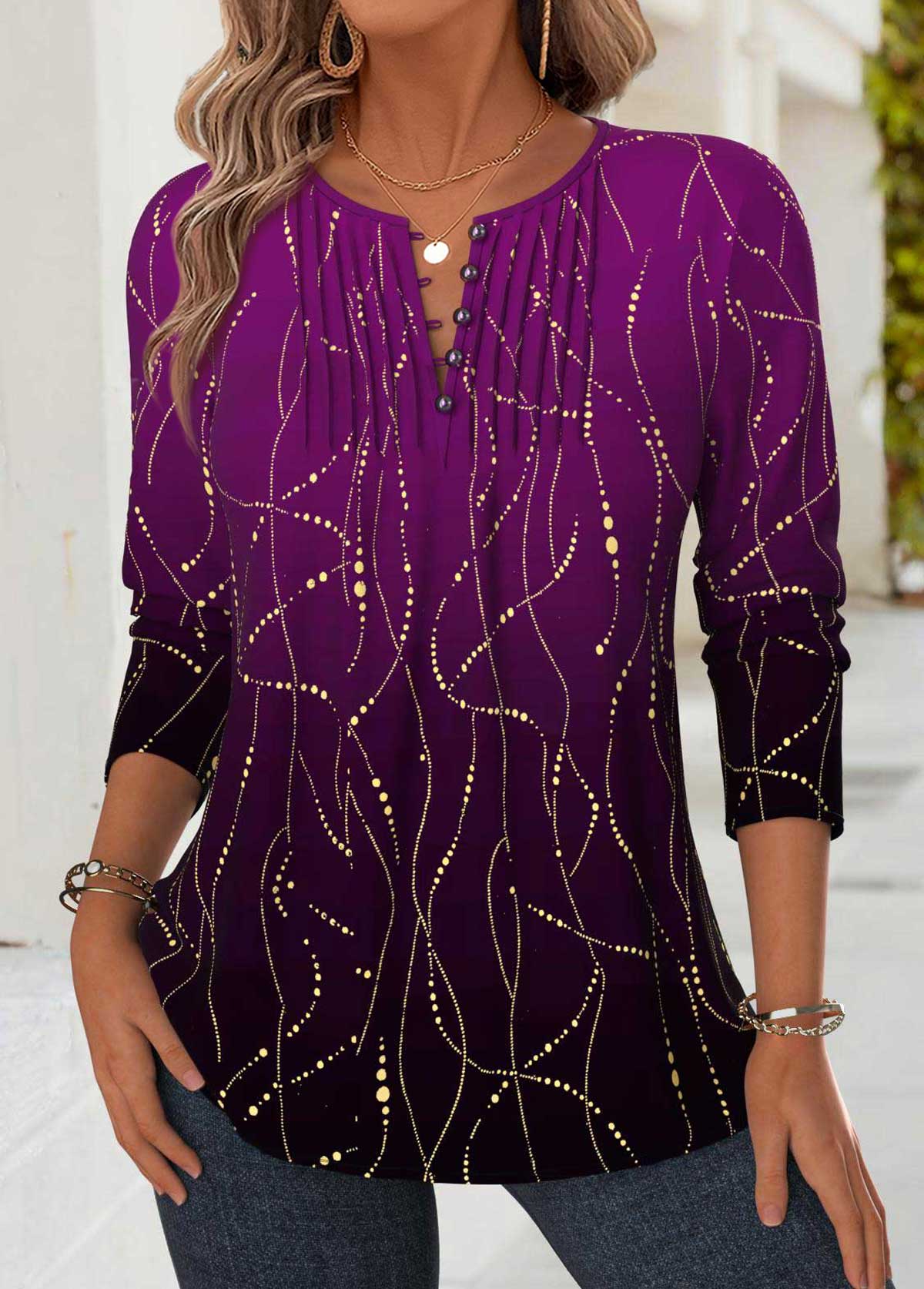 Purple Tummy Coverage Ombre Long Sleeve Split Neck Blouse | picture 