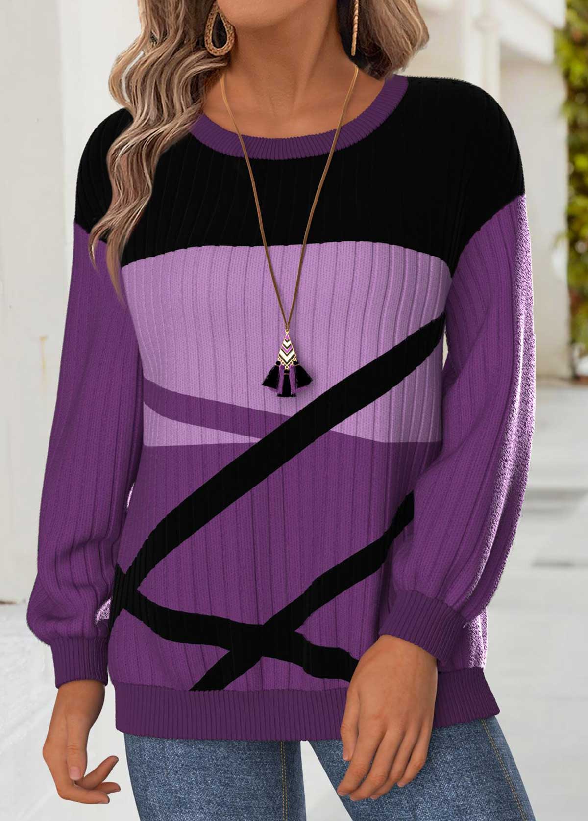 Purple Tummy Coverage Geometric Print Long Sleeve Sweatshirt | picture 