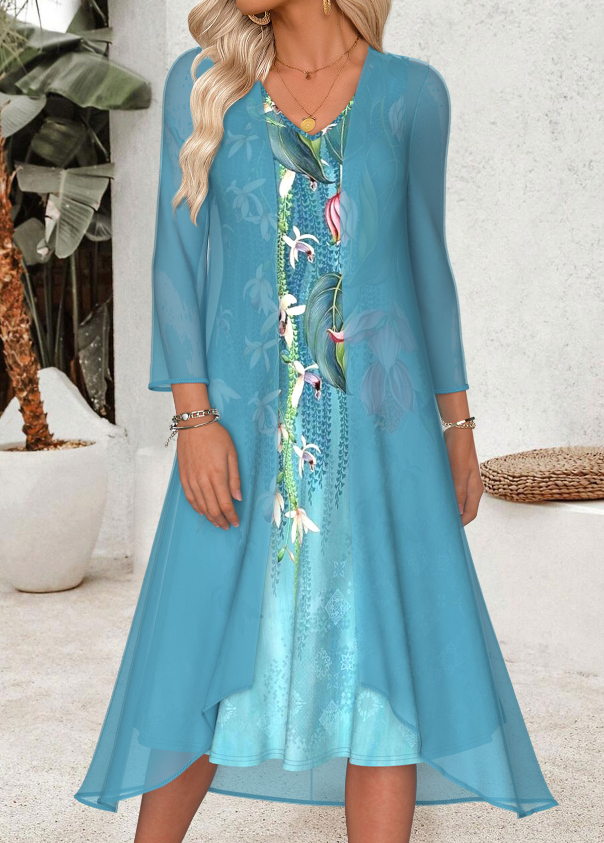 Blue Tummy Coverage Floral Print Dress and Cardigan | picture 