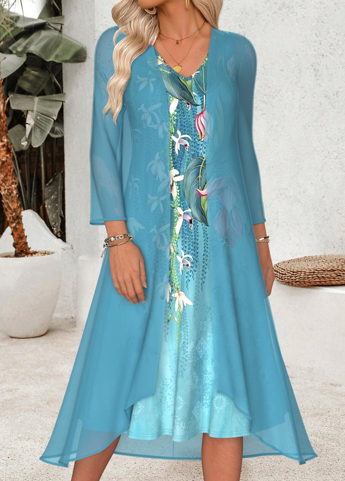 Blue Tummy Coverage Floral Print Dress and Cardigan | picture 