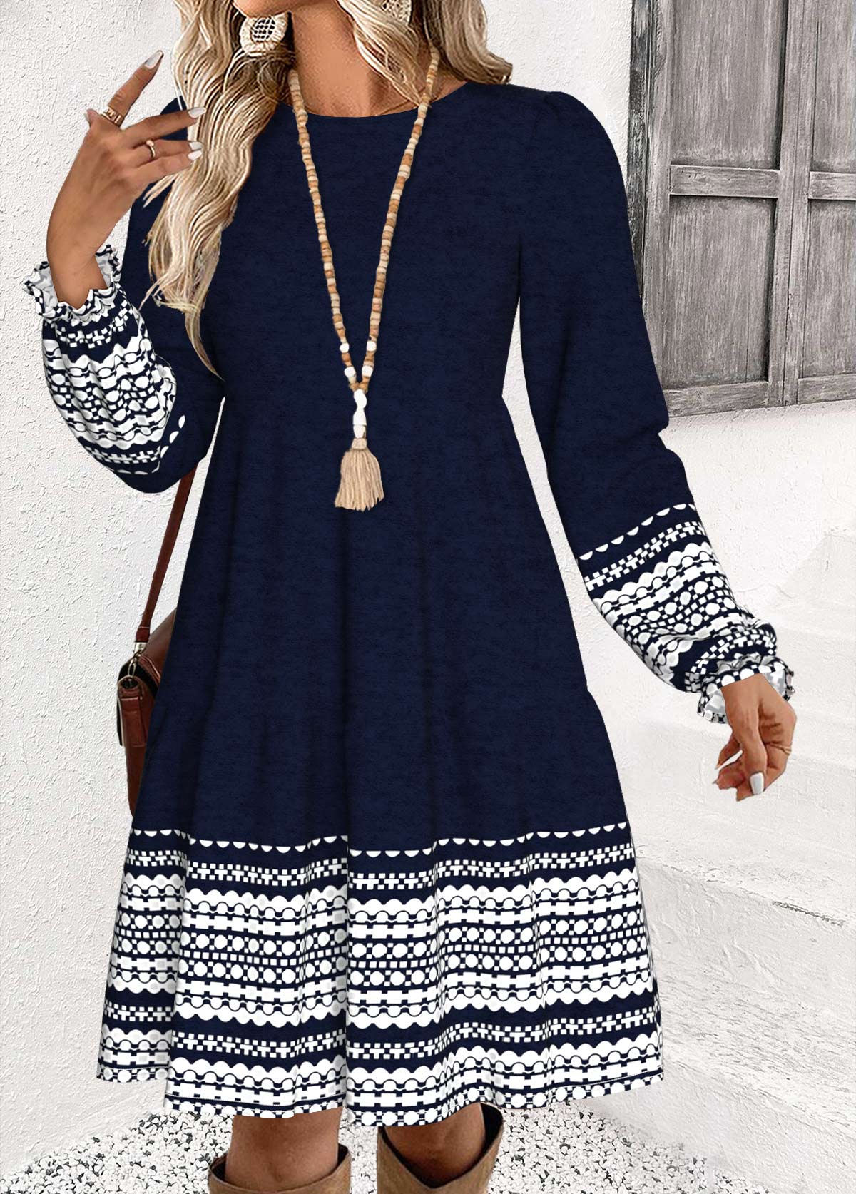 Navy Tummy Coverage Striped Long Sleeve Round Neck Dress | picture 