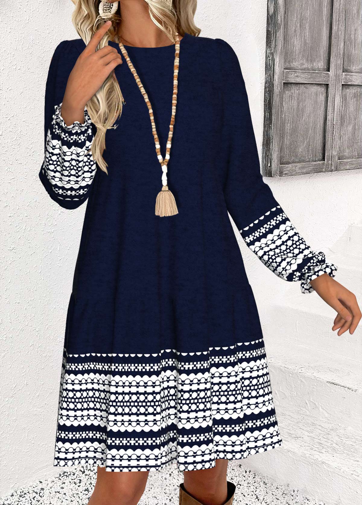 Navy Tummy Coverage Striped Long Sleeve Round Neck Dress | picture 