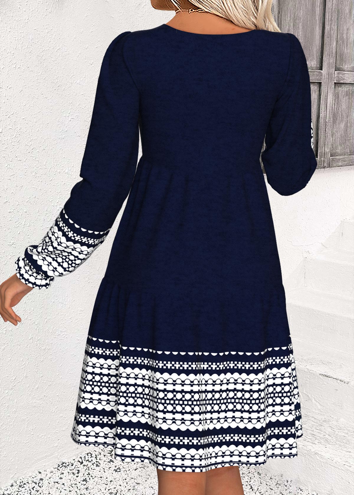 Navy Tummy Coverage Striped Long Sleeve Round Neck Dress | picture 