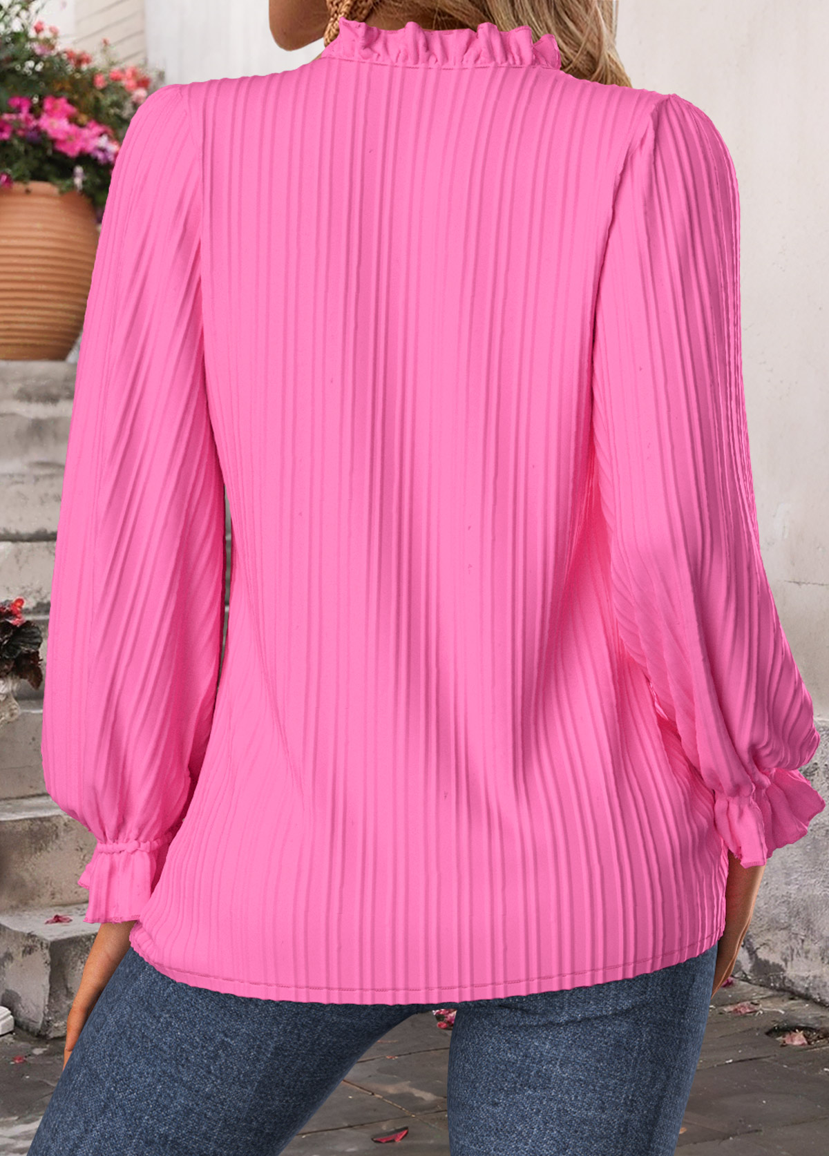 Hot Pink Curved Hem Long Sleeve Split Neck Blouse | picture 