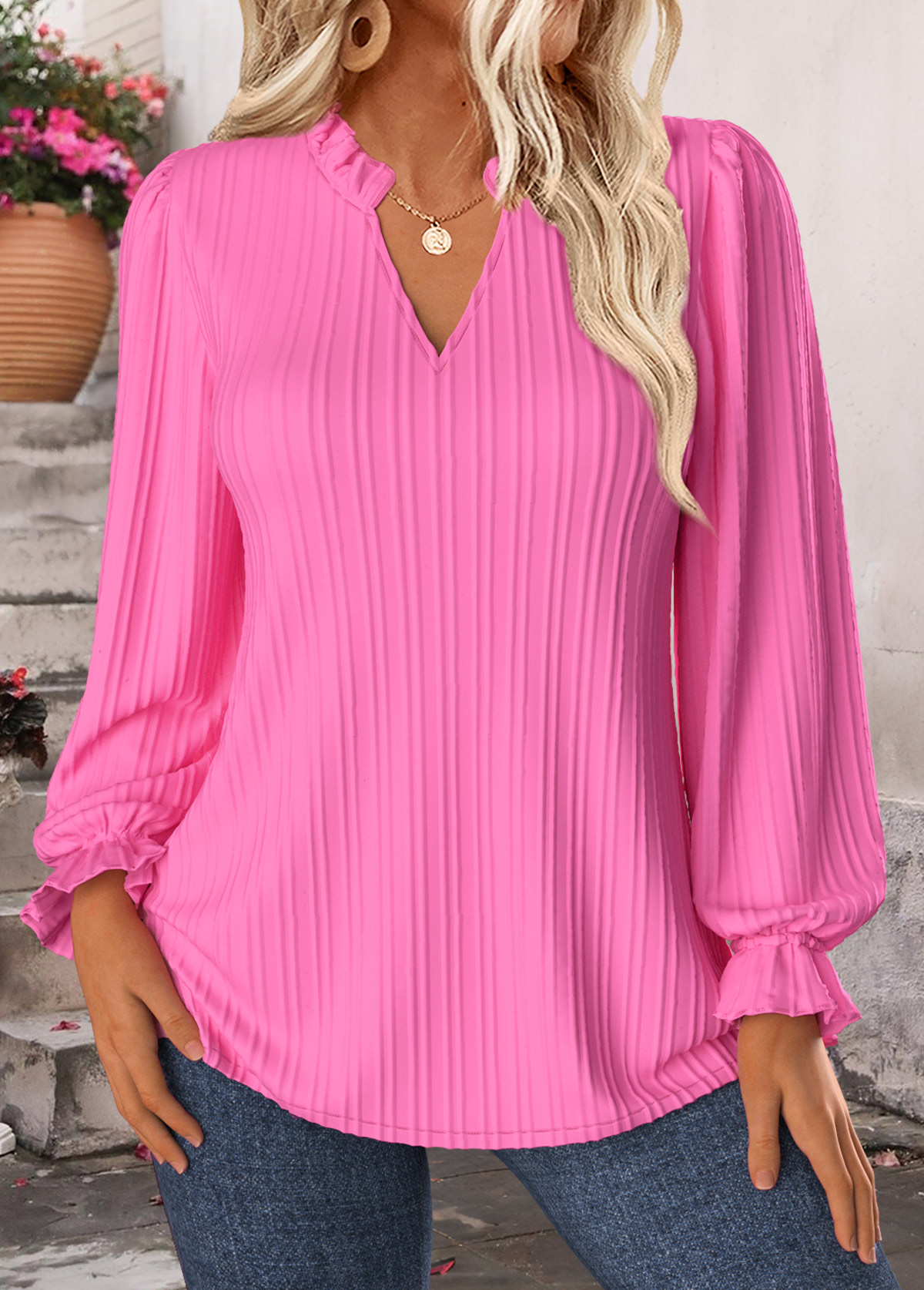 Hot Pink Curved Hem Long Sleeve Split Neck Blouse | picture 