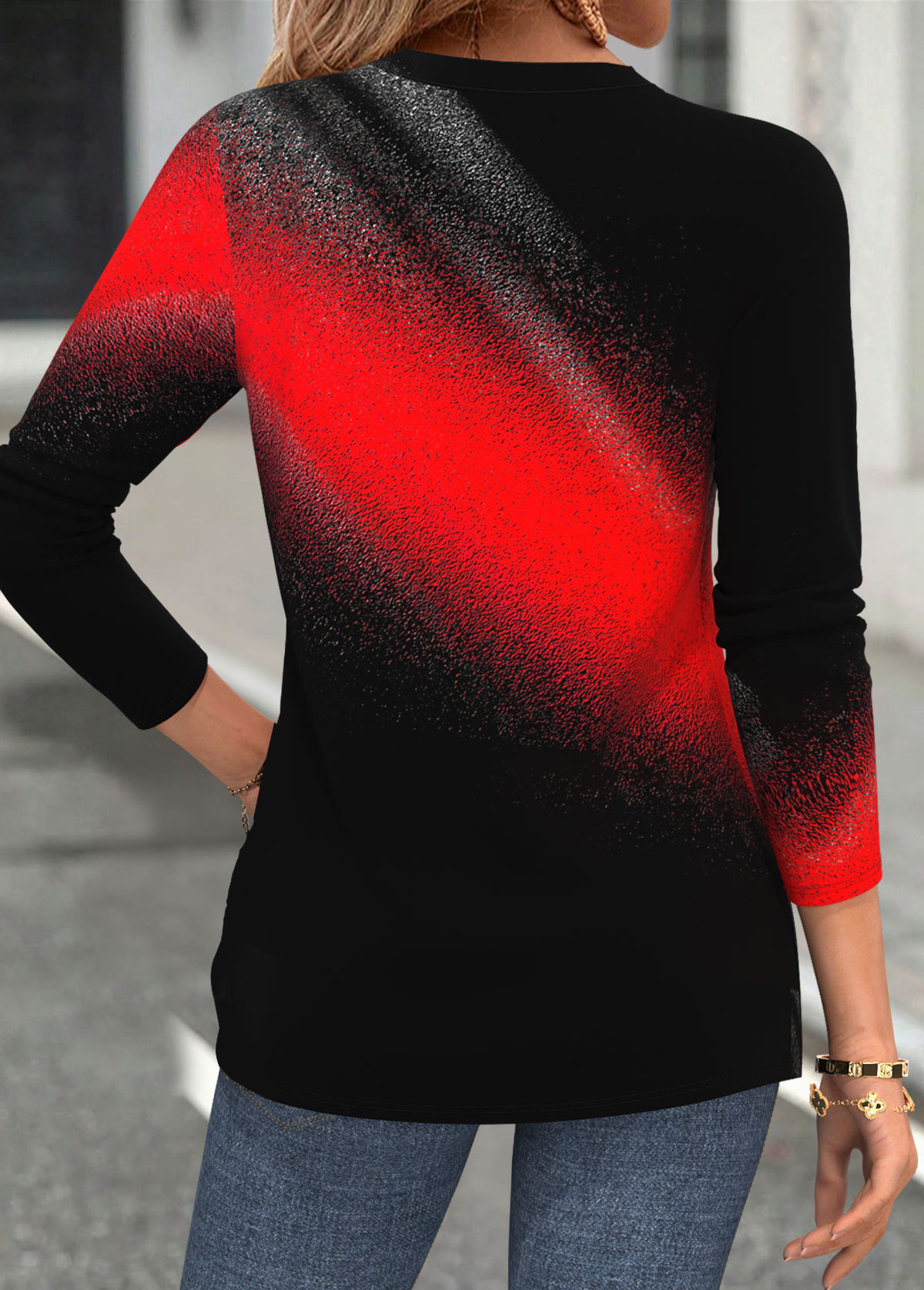 Red Curved Hem Ombre Long Sleeve Split Neck Blouse | picture 