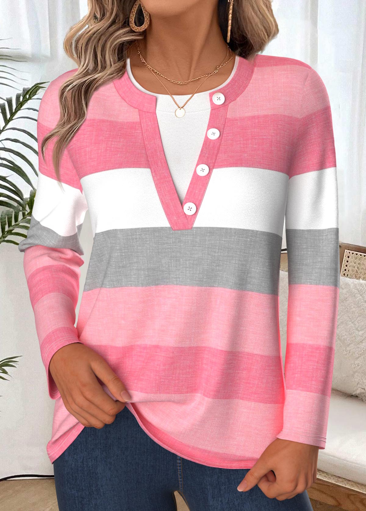 Pink Tummy Coverage Striped Long Sleeve T Shirt | picture 