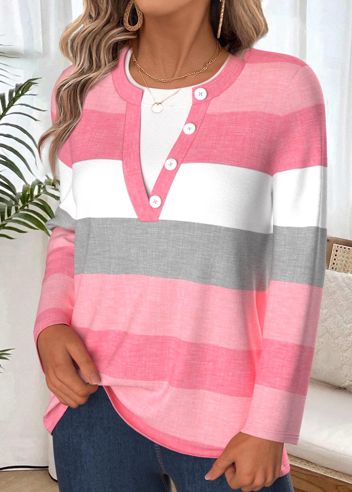 Pink Tummy Coverage Striped Long Sleeve T Shirt | picture 