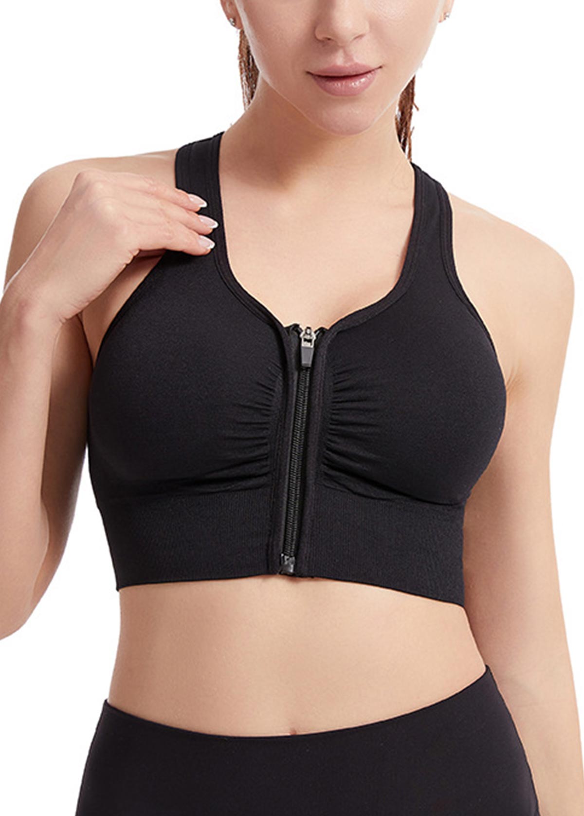 Black Zipper V Neck Sports Bra | picture 