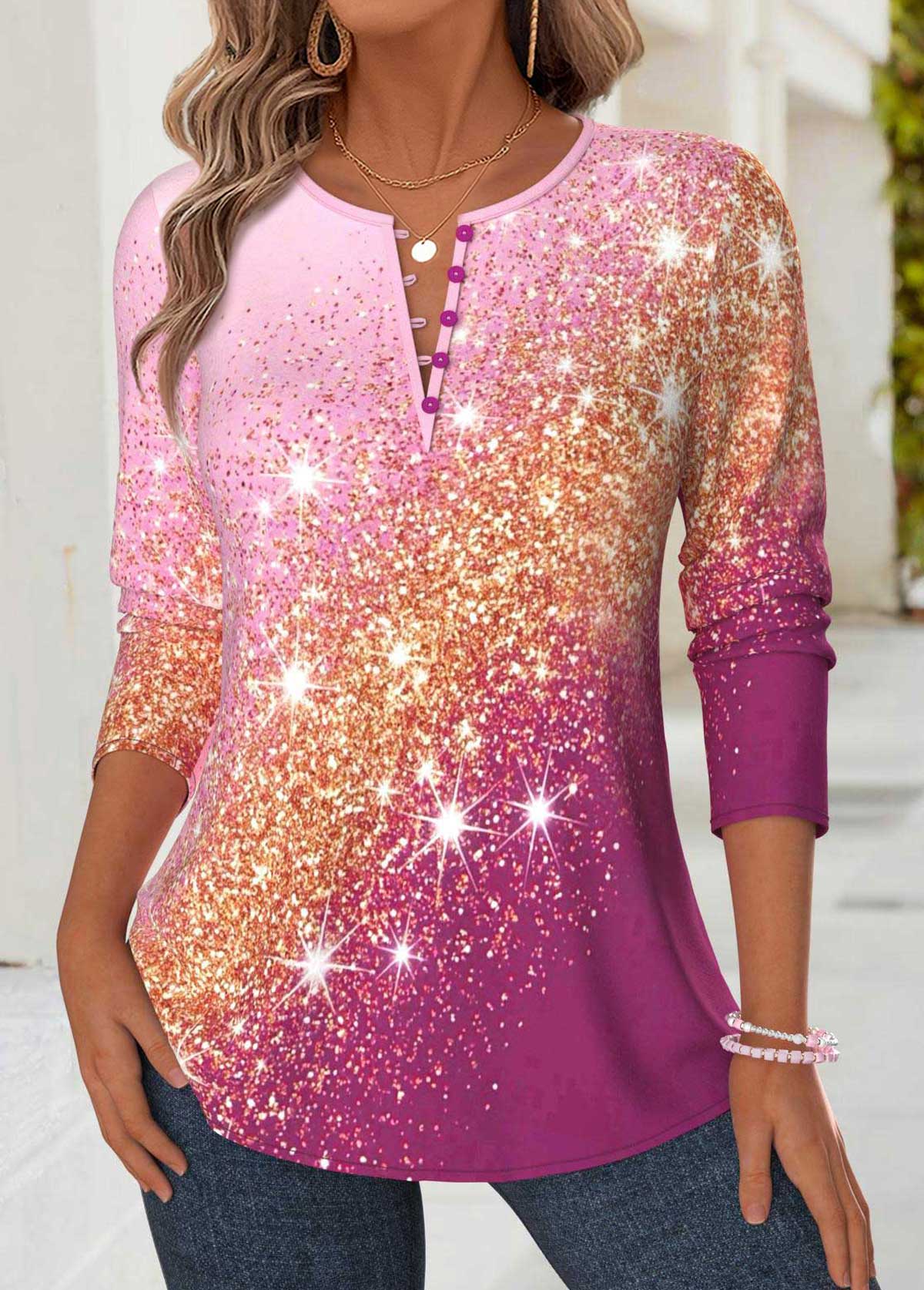 Pink Tummy Coverage Ombre Long Sleeve Split Neck Blouse | picture 