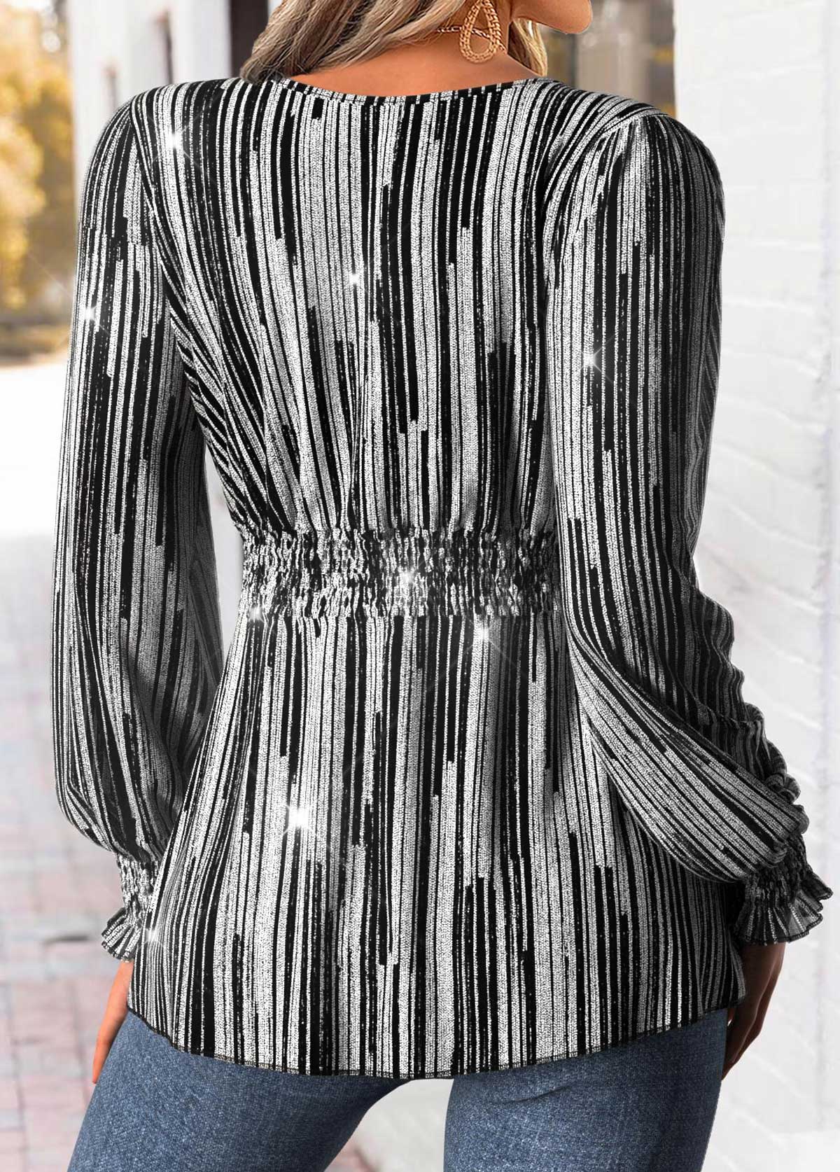 Black Peplum Geometric Print Long Sleeve V Neck Blouse | picture 