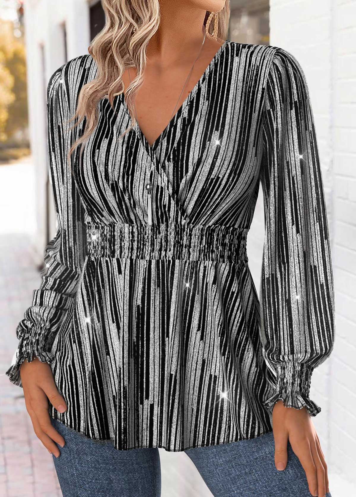 Black Peplum Geometric Print Long Sleeve V Neck Blouse | picture 