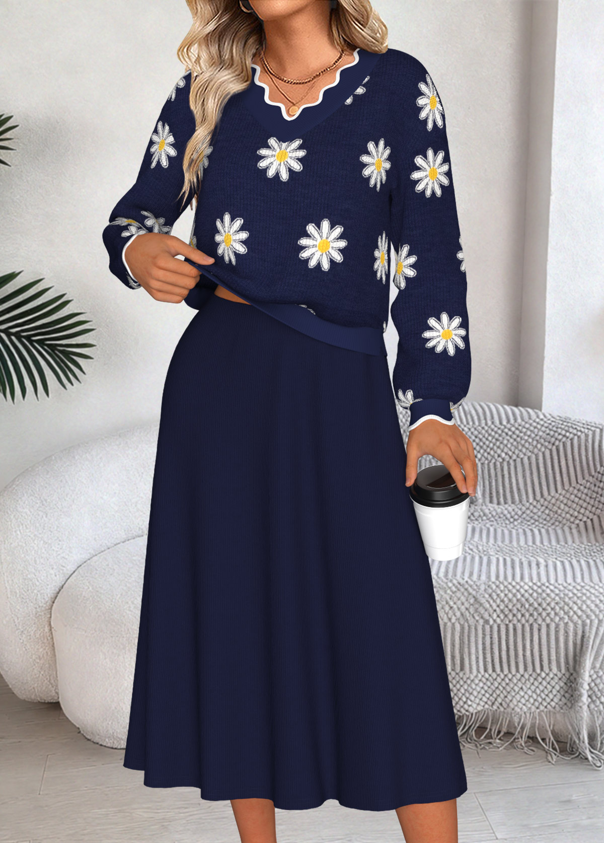 Navy Tummy Coverage Daisy Print Top and Skirt | picture 