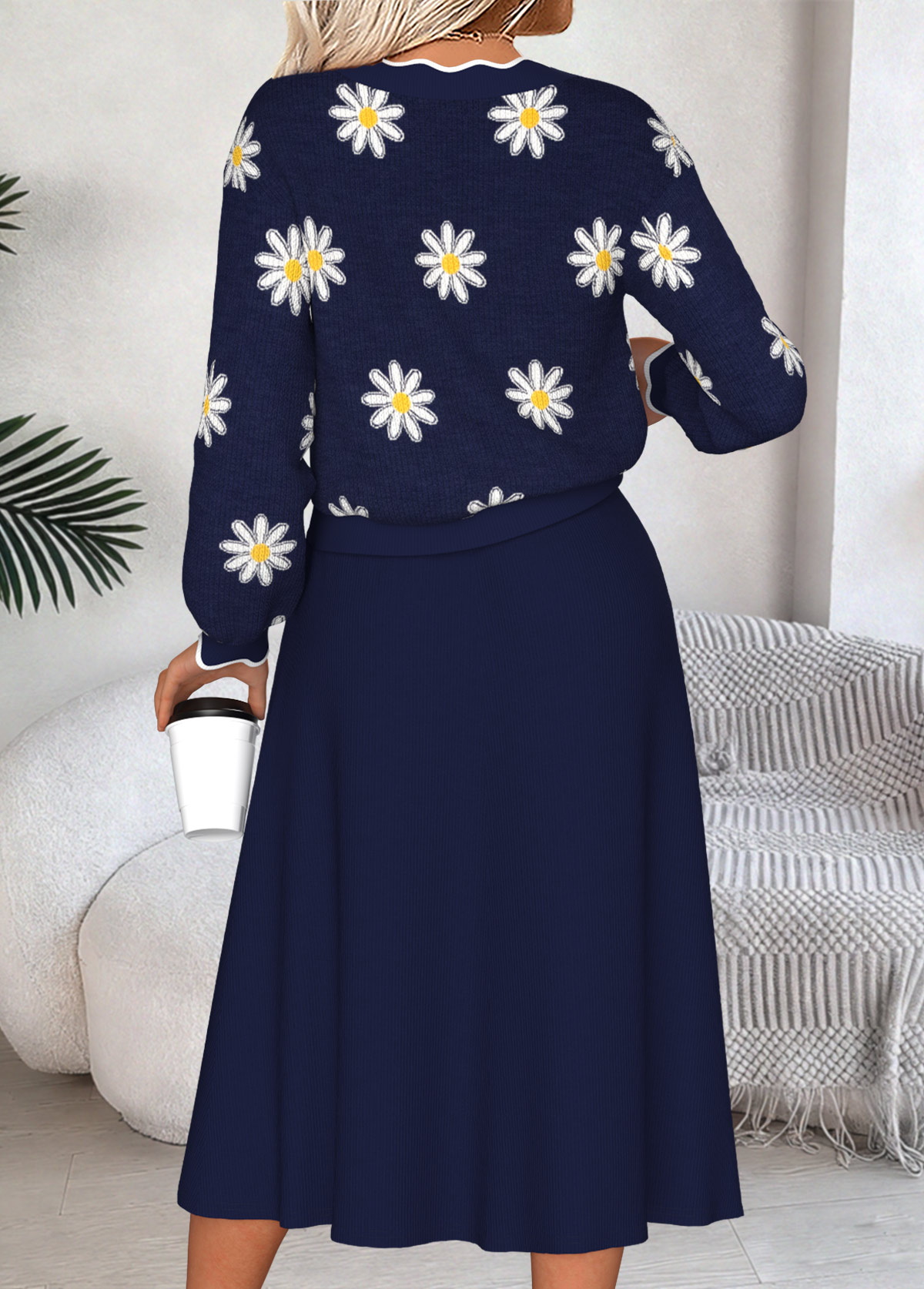 Navy Tummy Coverage Daisy Print Top and Skirt | picture 