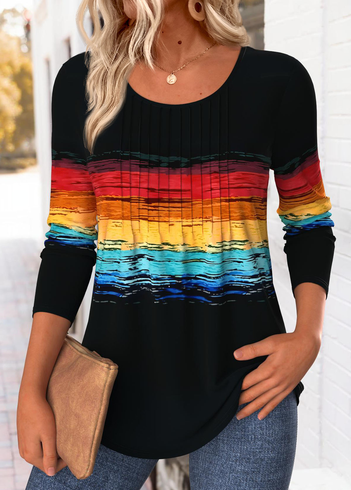 Black Curved Hem Ombre 3/4 Sleeve T Shirt | picture 