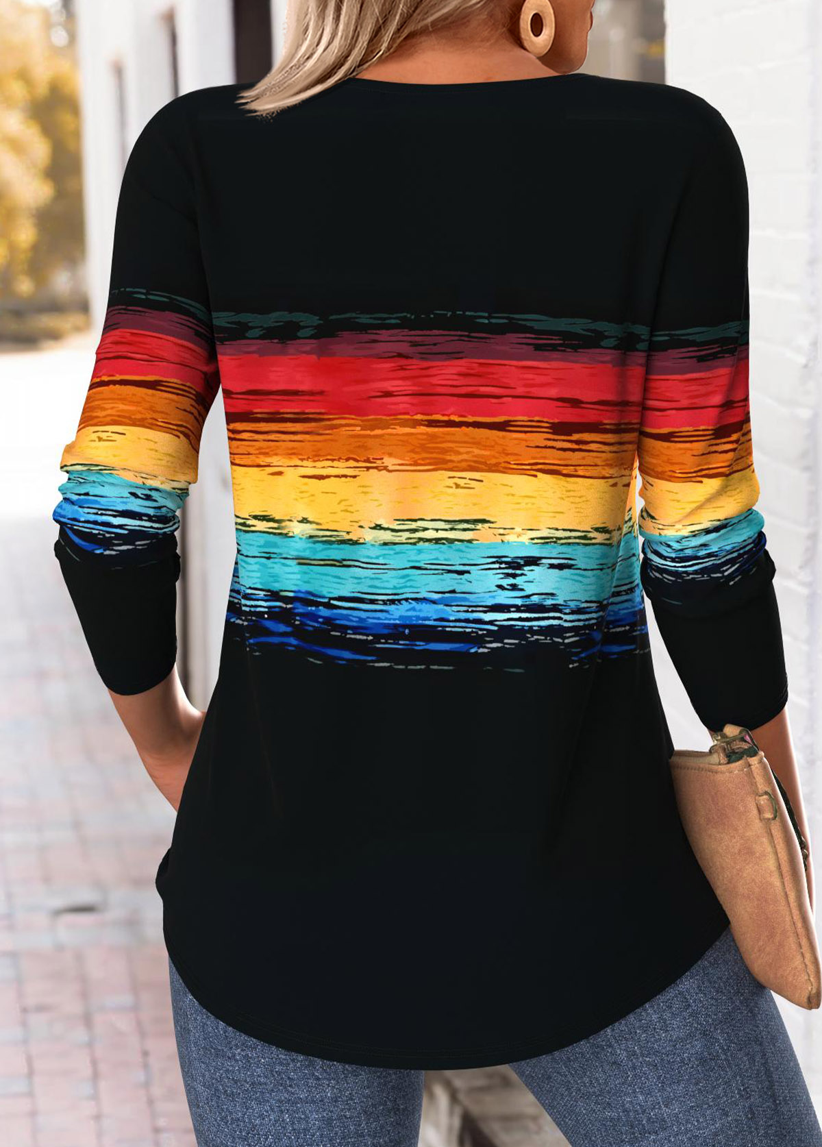 Black Curved Hem Ombre 3/4 Sleeve T Shirt | picture 