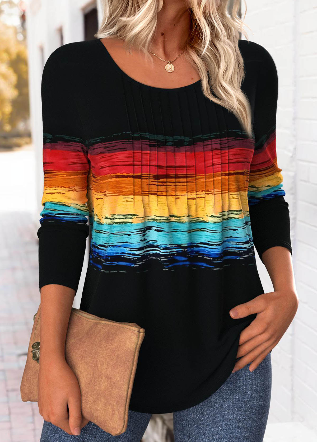Black Curved Hem Ombre 3/4 Sleeve T Shirt | picture 