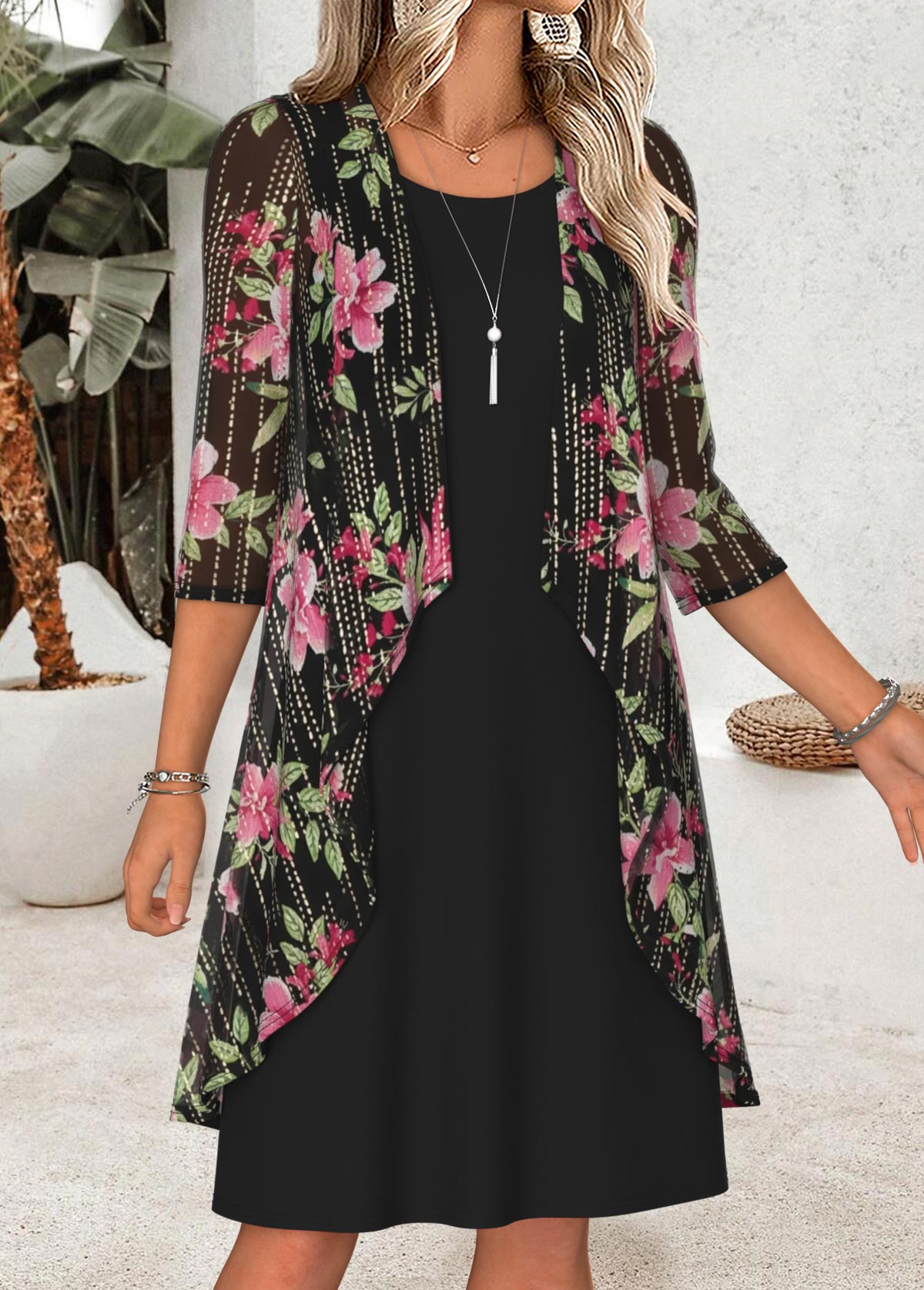 Black Tummy Coverage Floral Print Dress and Cardigan | picture 