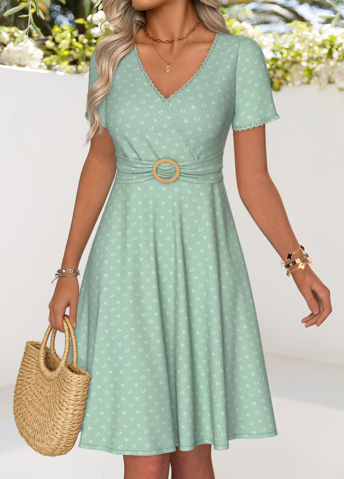 Light Green Tummy Coverage Short Sleeve V Neck Dress | picture 