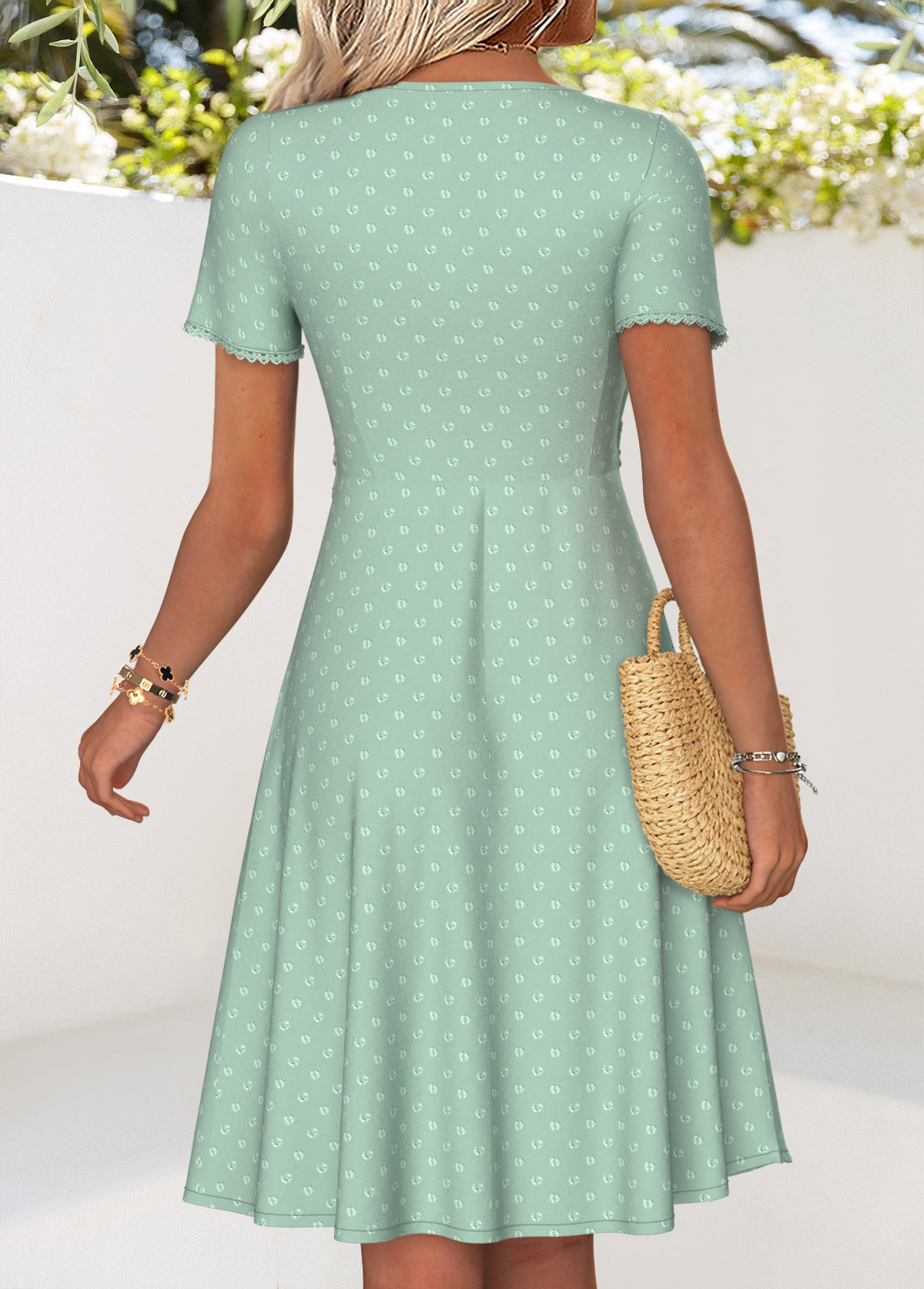 Light Green Tummy Coverage Short Sleeve V Neck Dress | picture 