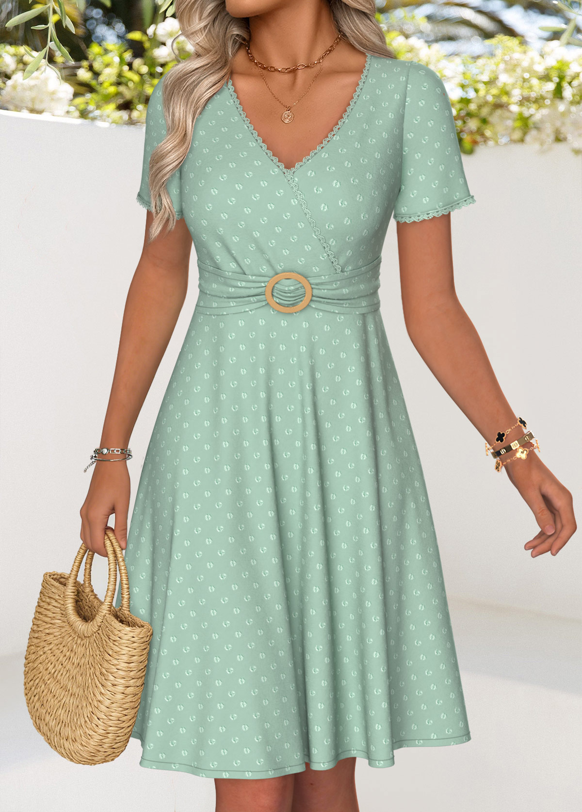 Light Green Tummy Coverage Short Sleeve V Neck Dress | picture 
