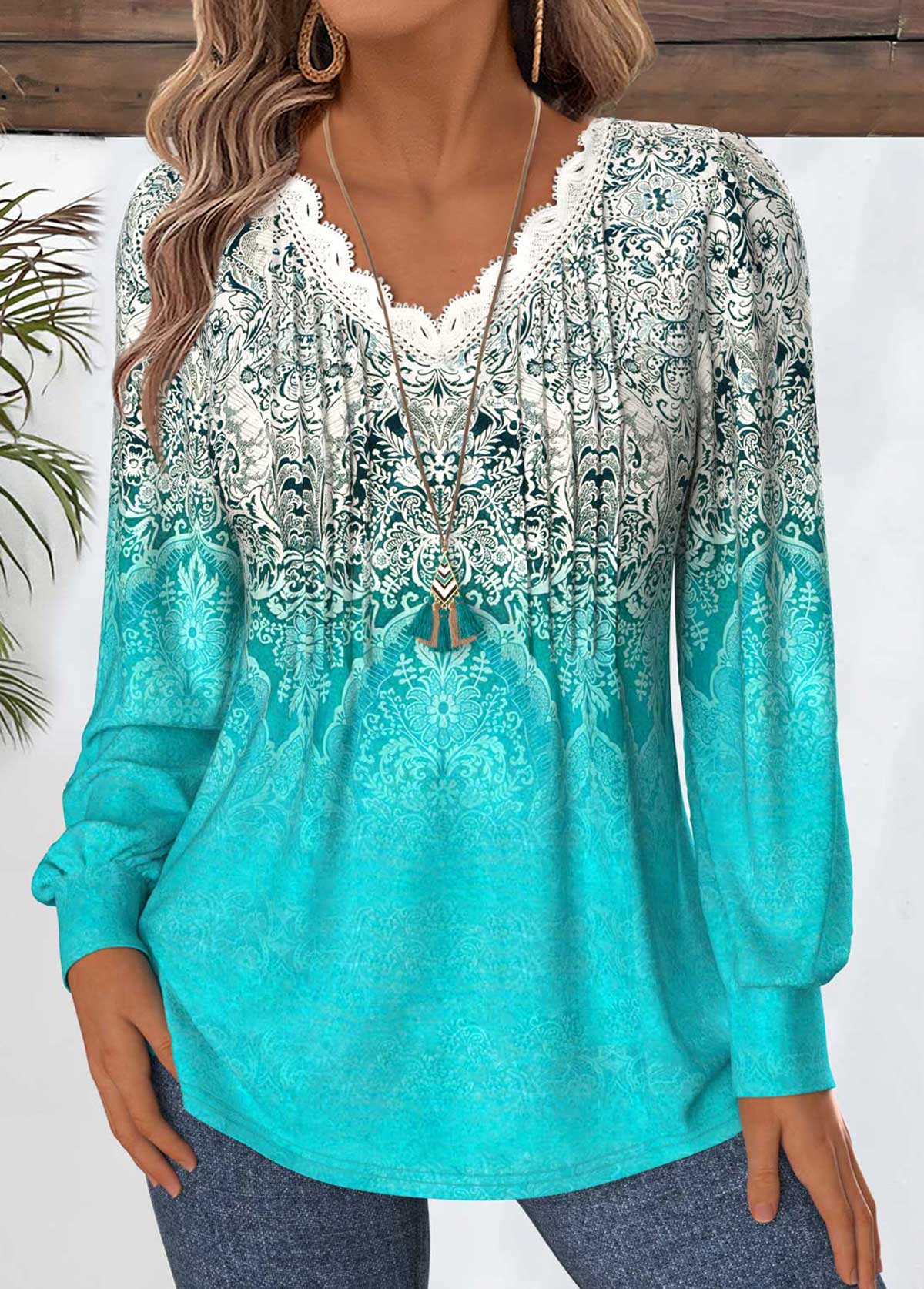 Cyan Tummy Coverage Tribal Print Long Sleeve T Shirt | picture 