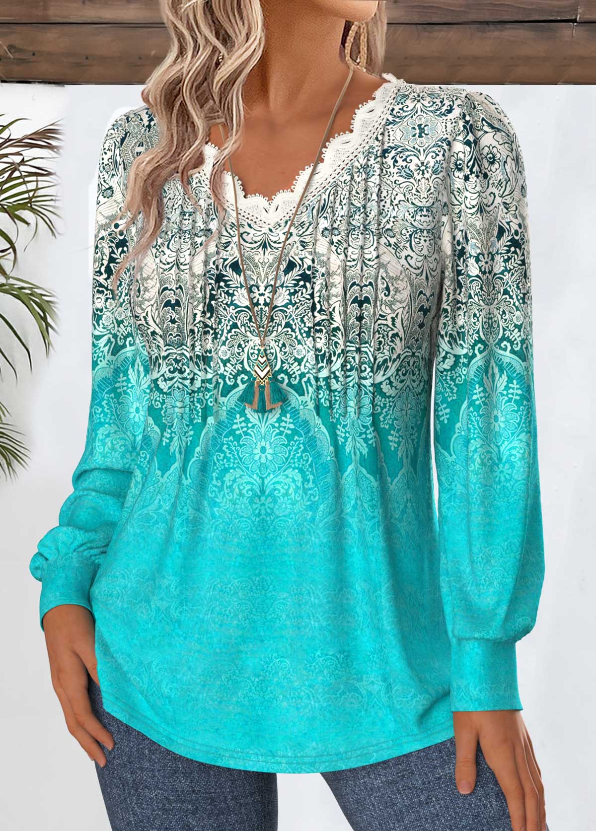 Cyan Tummy Coverage Tribal Print Long Sleeve T Shirt | picture 