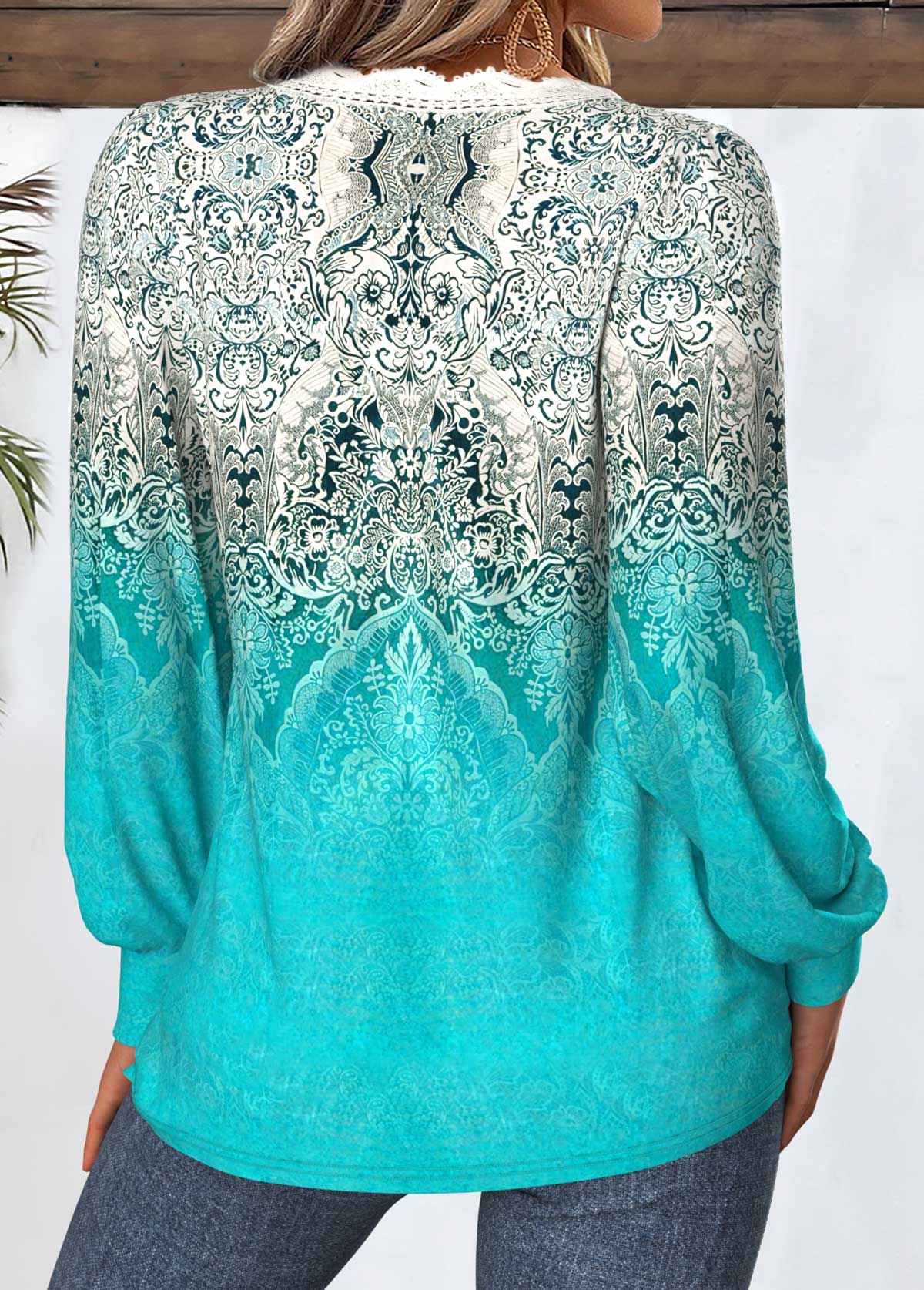 Cyan Tummy Coverage Tribal Print Long Sleeve T Shirt | picture 