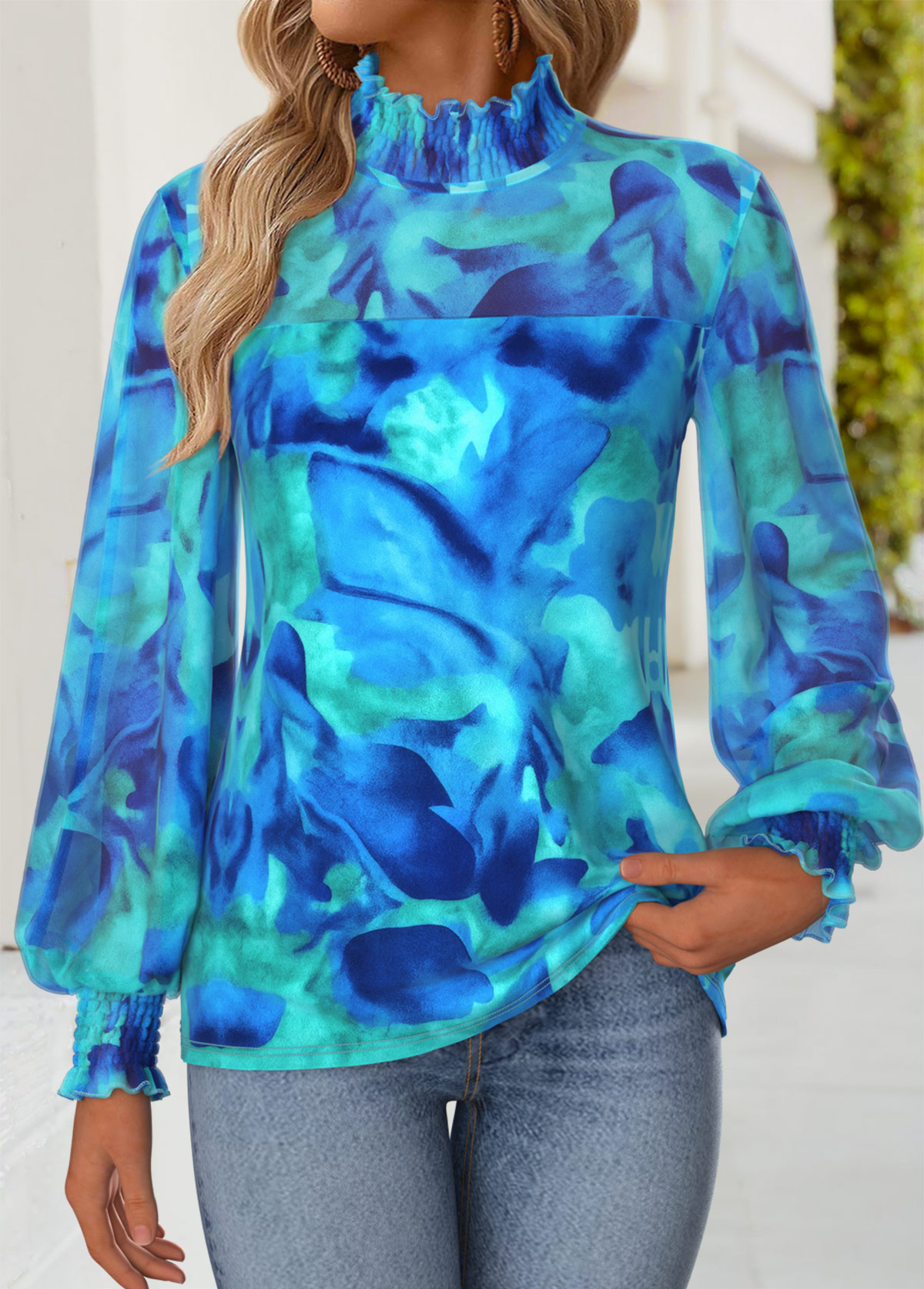 Cyan Patchwork Floral Print Long Sleeve T Shirt | picture 