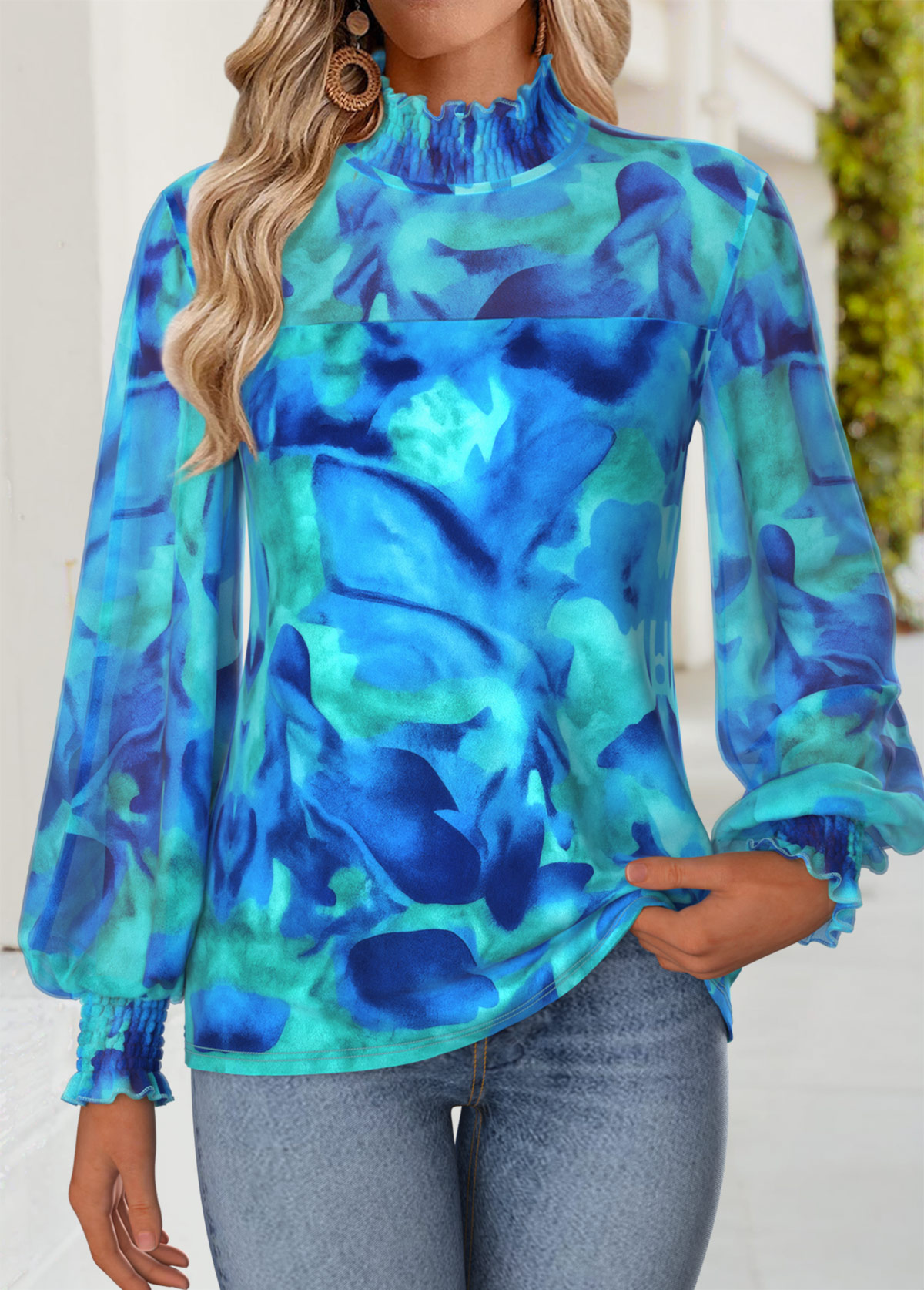 Cyan Patchwork Floral Print Long Sleeve T Shirt | picture 