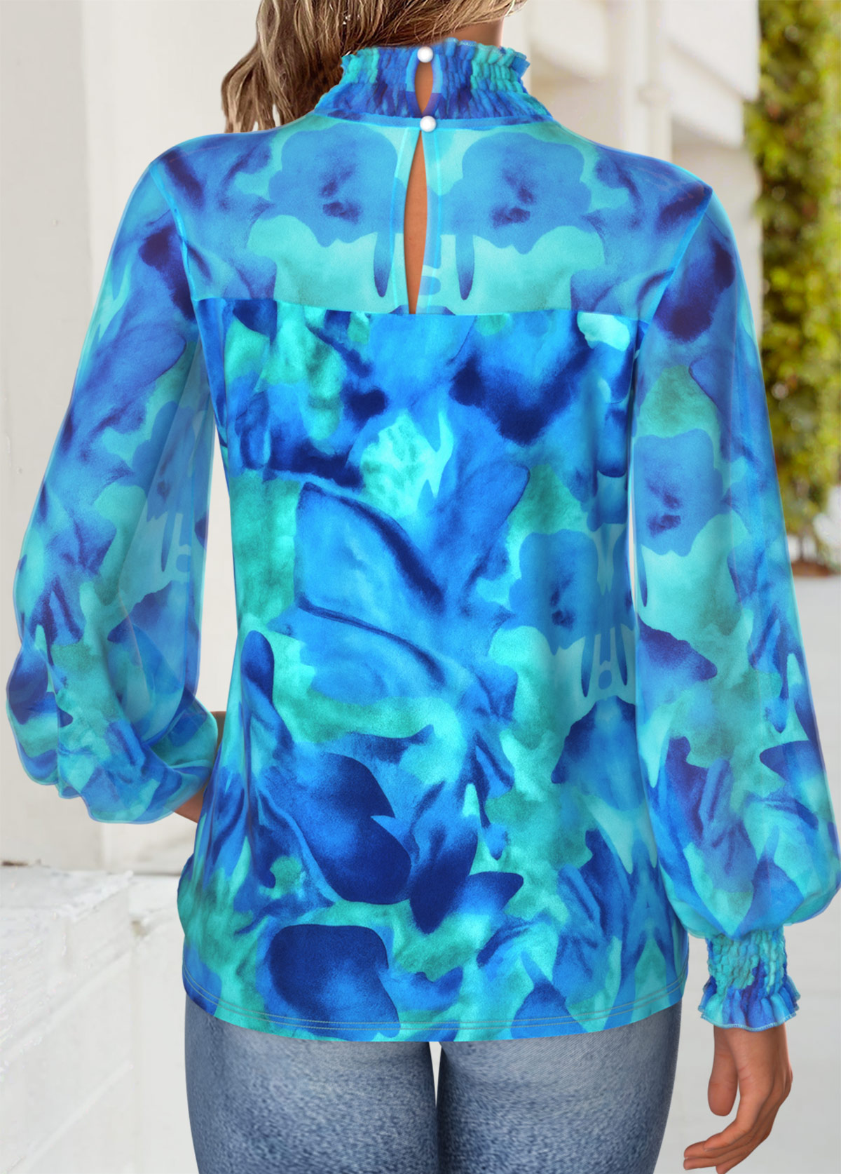 Cyan Patchwork Floral Print Long Sleeve T Shirt | picture 