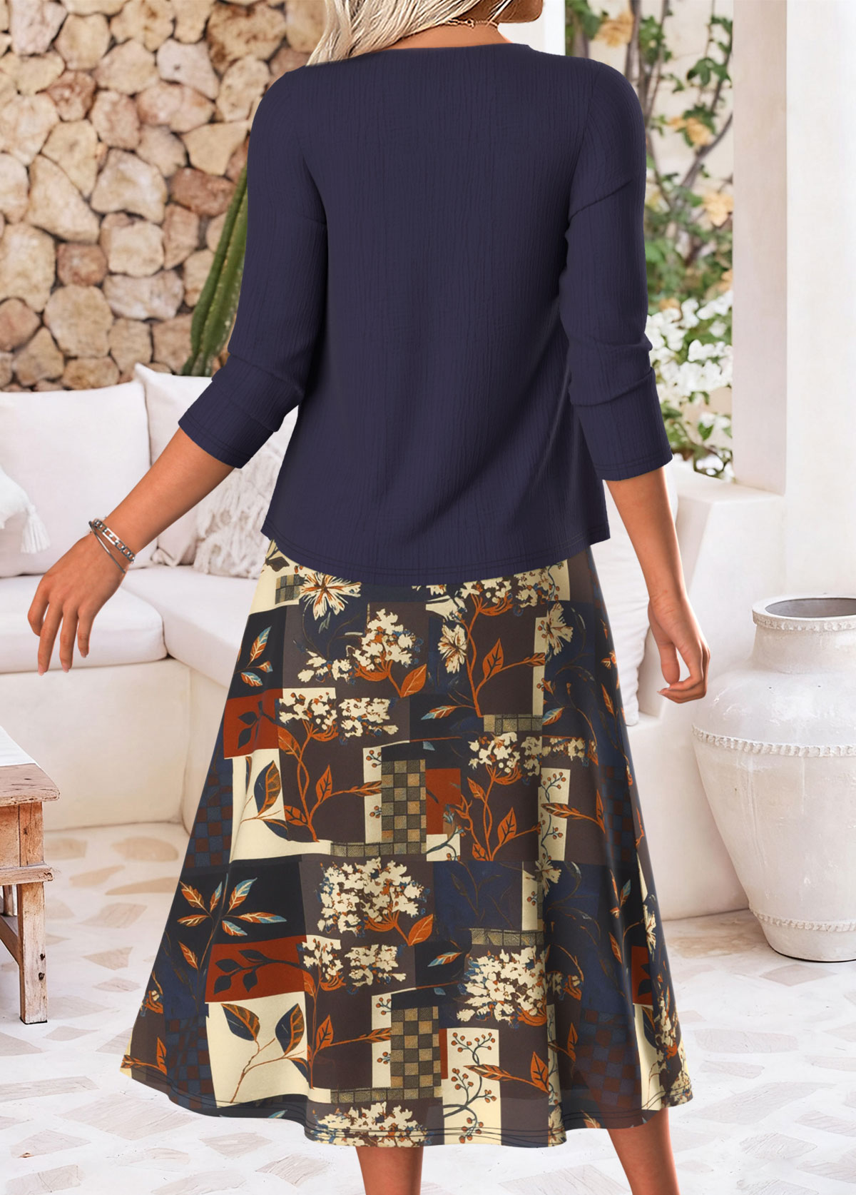 Navy Tummy Coverage Floral Print Dress and Cardigan | picture 
