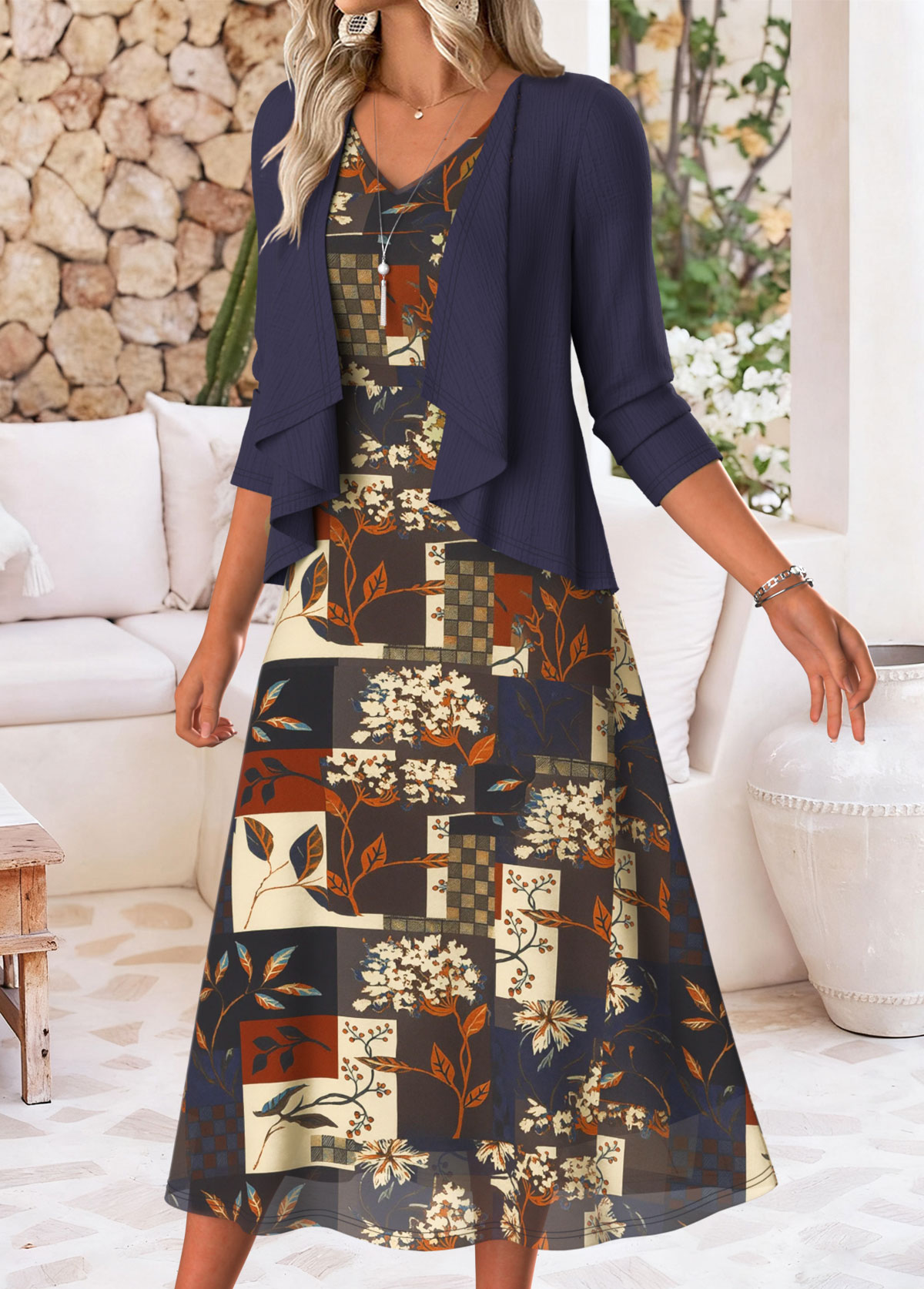 Navy Tummy Coverage Floral Print Dress and Cardigan | picture 