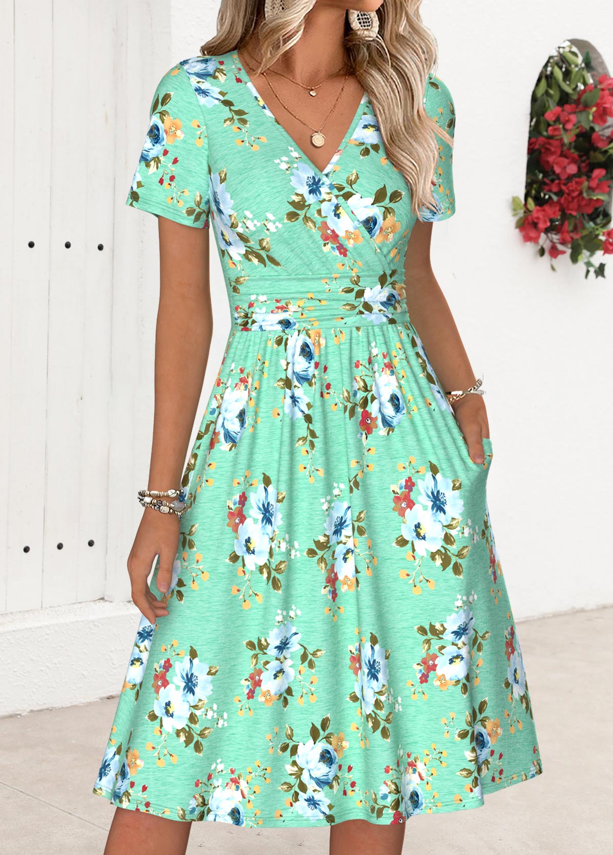 Mint Green Tummy Coverage Floral Print Short Sleeve Dress | picture 