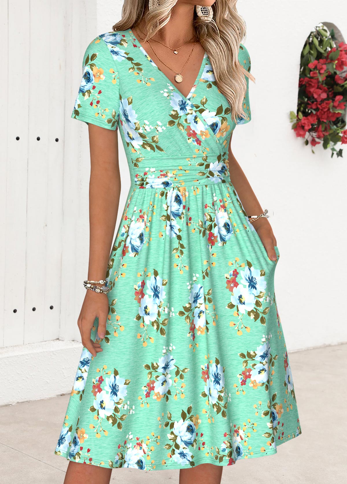Mint Green Tummy Coverage Floral Print Short Sleeve Dress | picture 