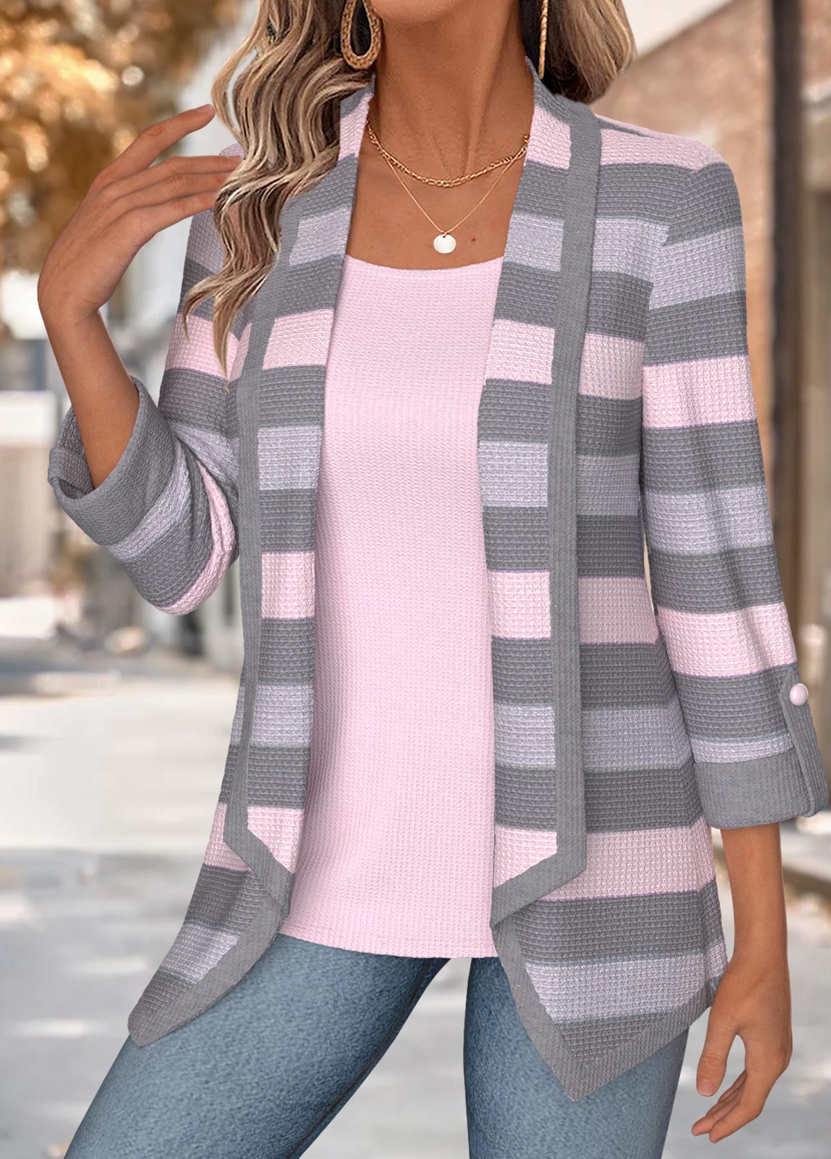 Light Pink Tummy Coverage Striped Fake Two Piece Twinset | picture 