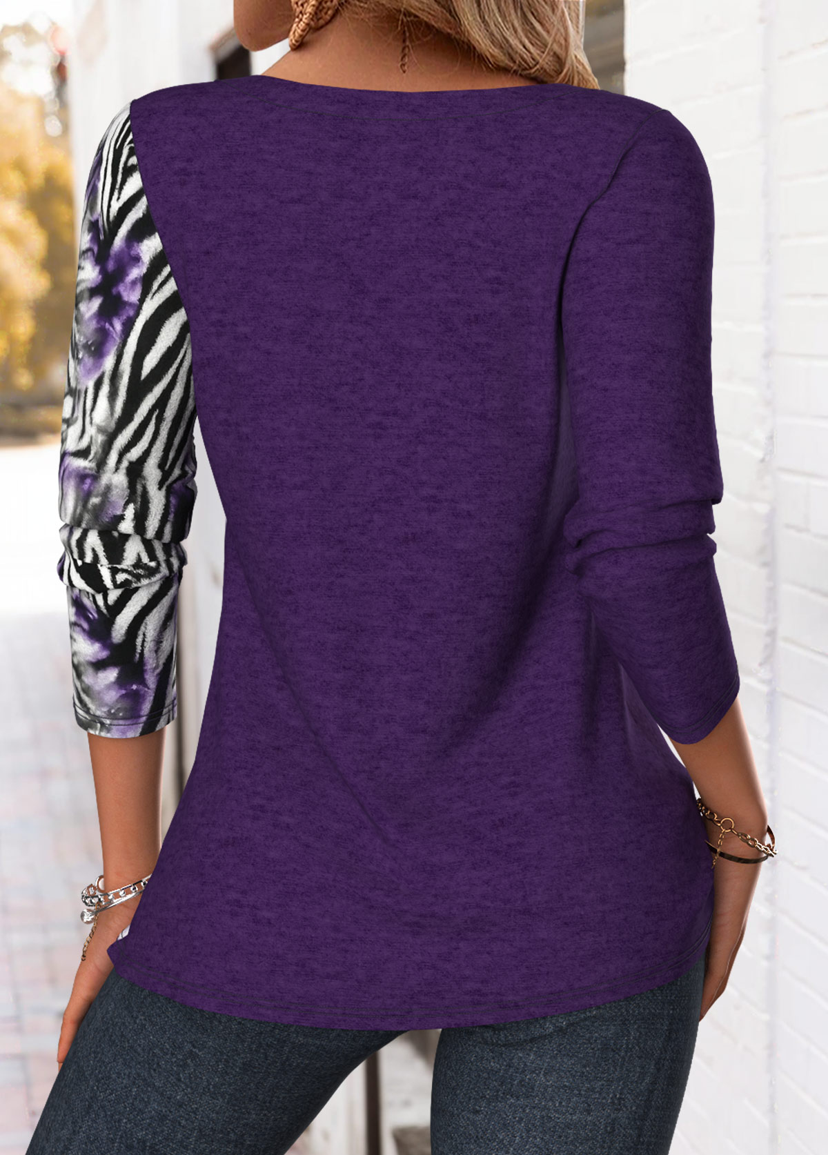 Purple Patchwork Zebra Stripe Print Long Sleeve T Shirt | picture 