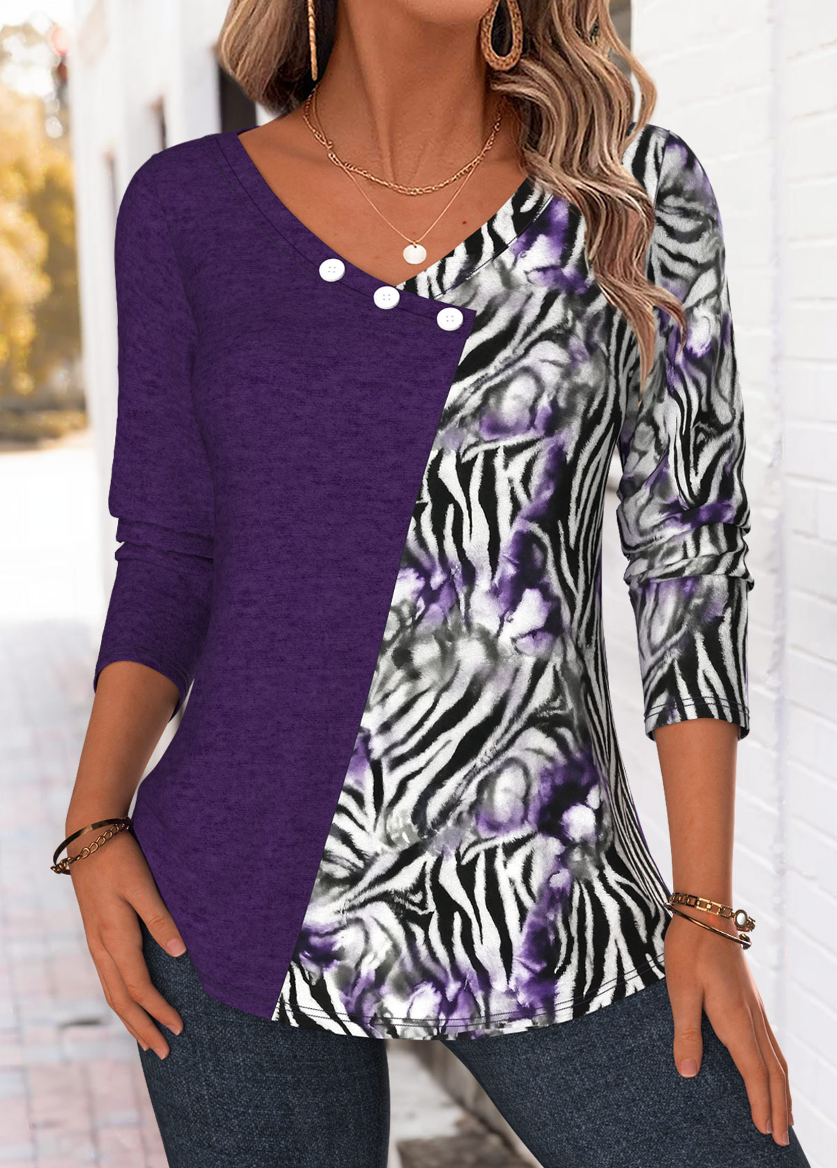 Purple Patchwork Zebra Stripe Print Long Sleeve T Shirt | picture 