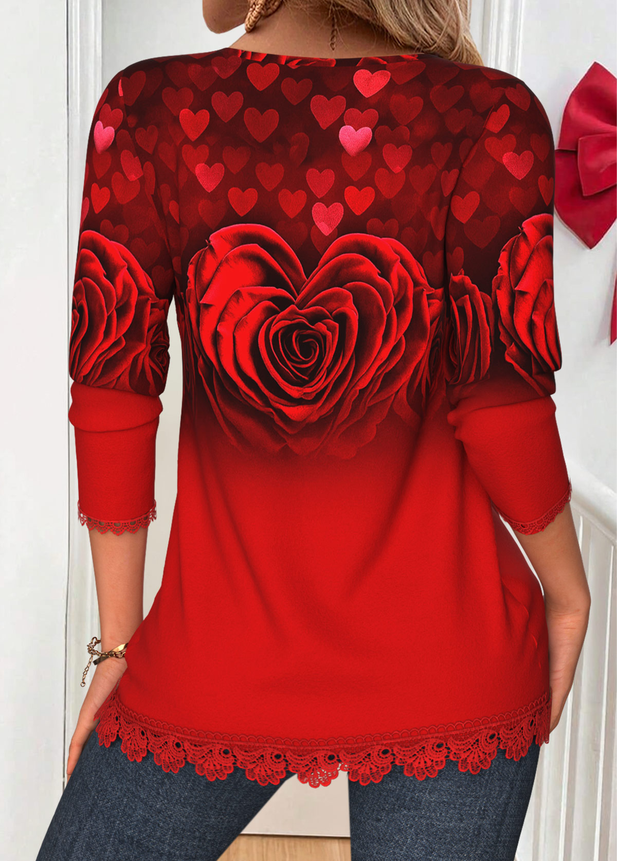 Red Tuck Stitch Floral Print Long Sleeve Blouse | picture 