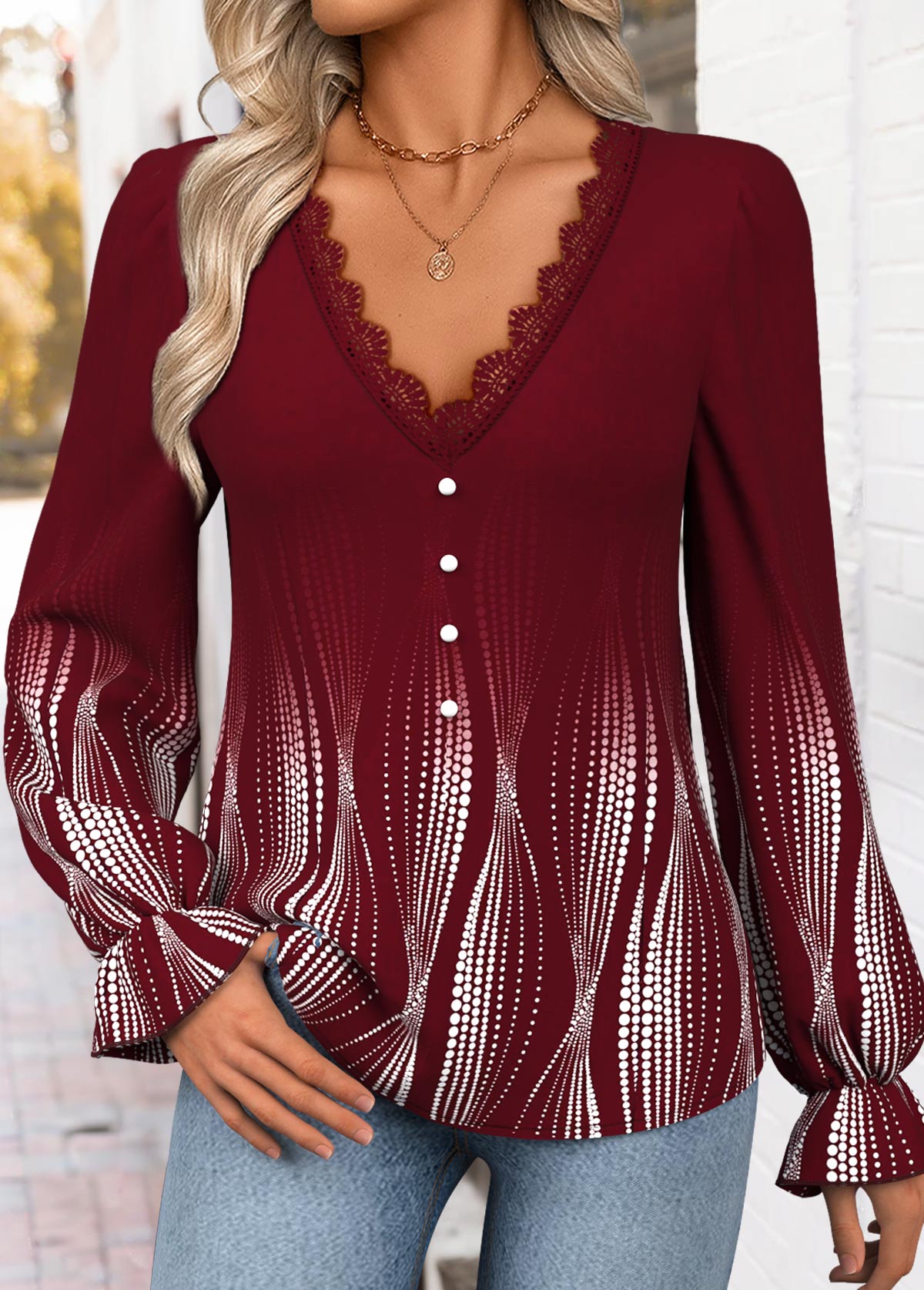 Wine Red Curved Hem Ombre Long Sleeve Blouse | picture 