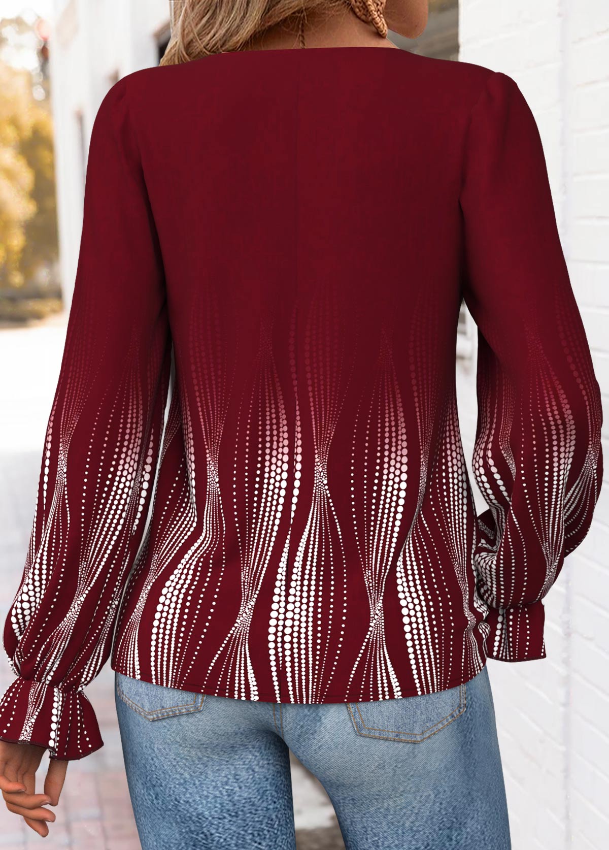 Wine Red Curved Hem Ombre Long Sleeve Blouse | picture 